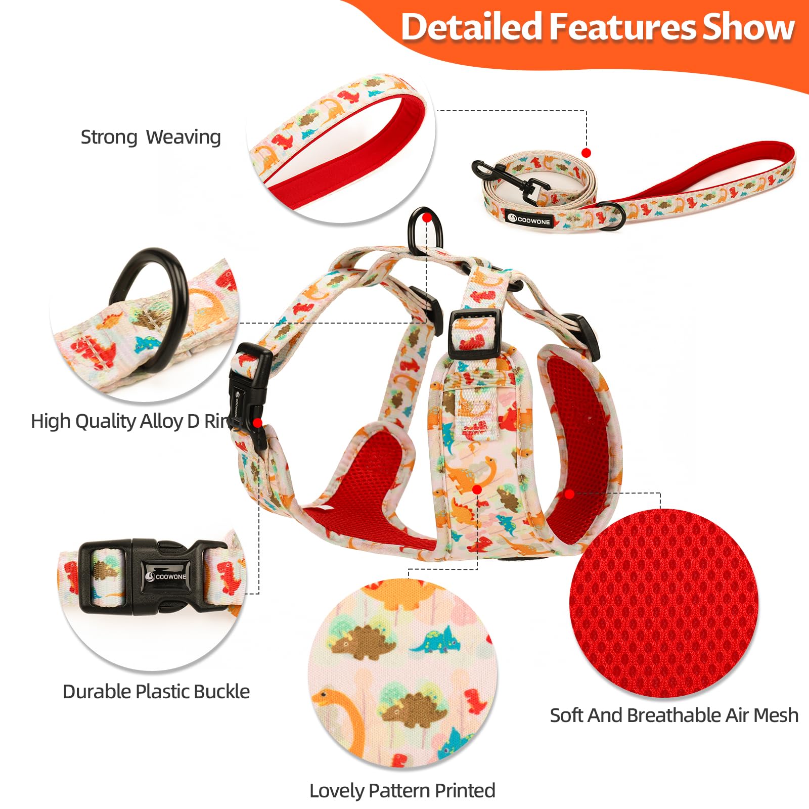 COOWONE No Pull Dog Harness and Leash Set – Ultra Lightweight Adjustable Vest for Small Medium Dogs with Floral Print