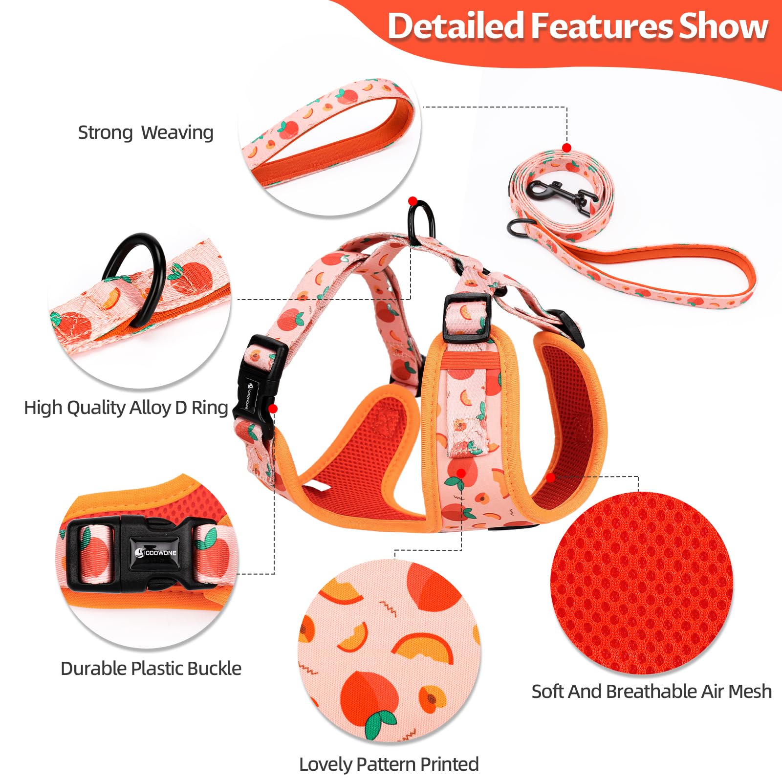 COOWONE Small Dog Harness and Leash Set – No Pull, Adjustable, Floral Pattern, Size S