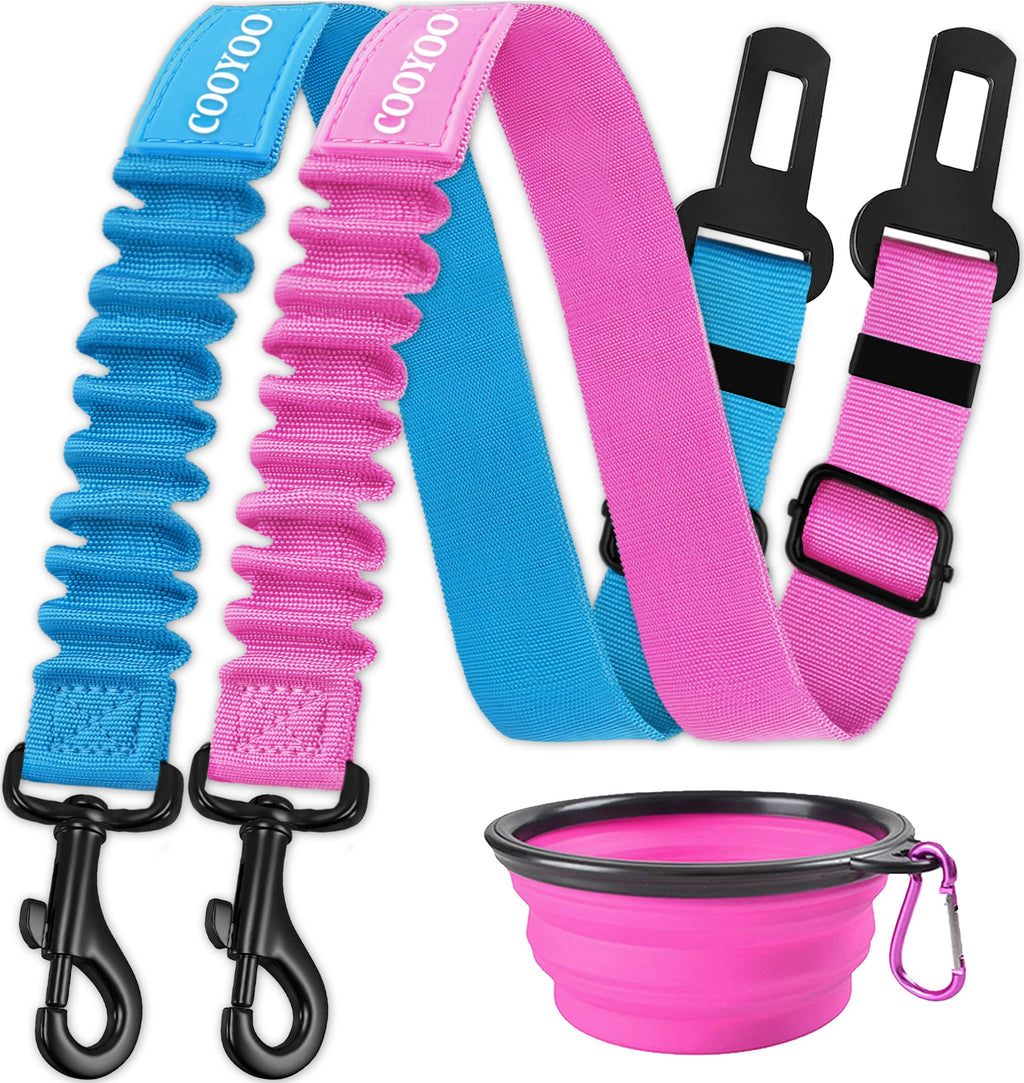 COOYOO Dog Seat Belt 3-Piece Set: Adjustable Retractable Car Harness with Elastic Bungee Buffer for Dogs, Heavy-Duty Nylon & Metal, Fits Most Vehicles (Pink+Blue)