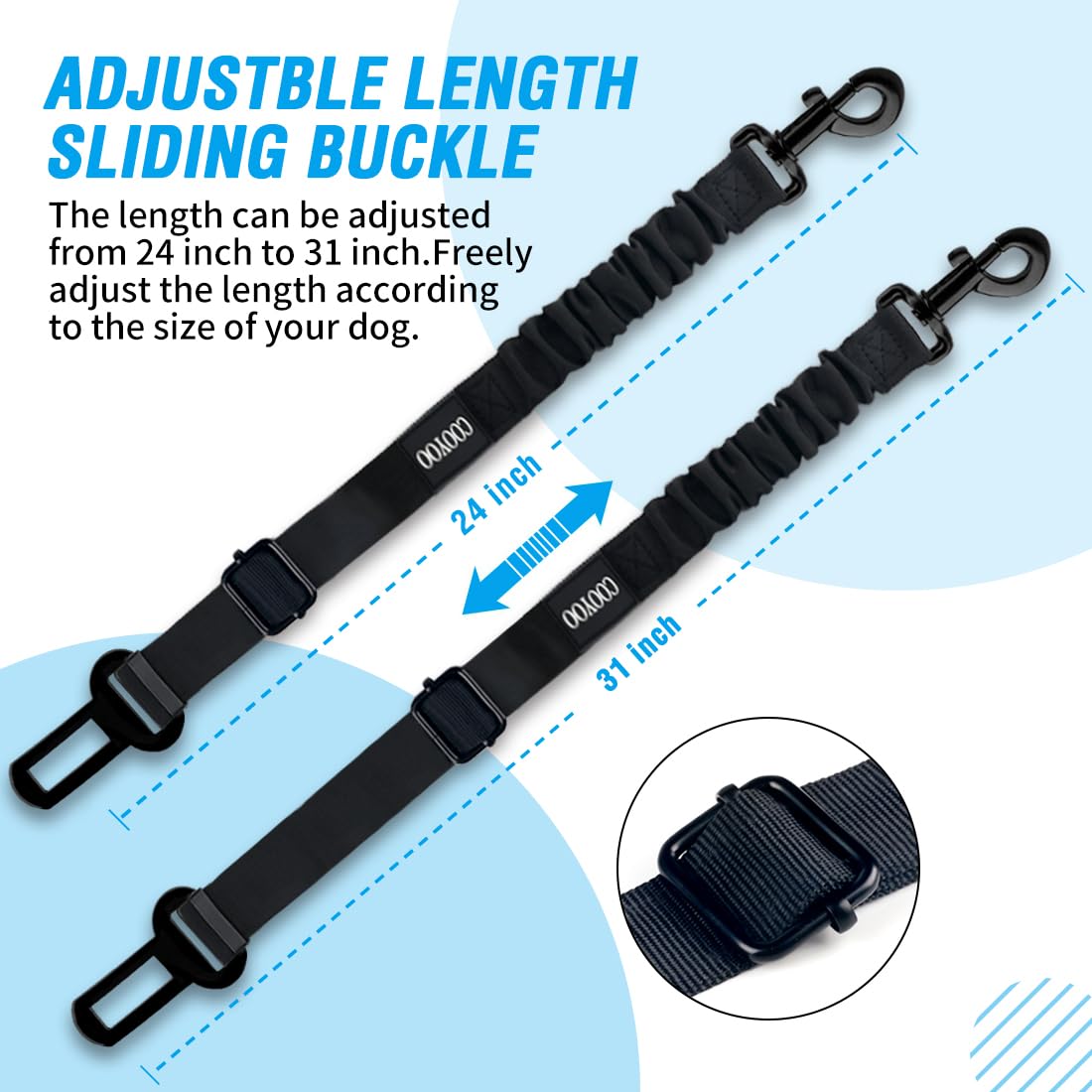 COOYOO Dog Seat Belt 3-Piece Set: Adjustable Retractable Car Harness with Elastic Bungee Buffer for Dogs, Heavy-Duty Nylon & Metal, Fits Most Vehicles (Pink+Blue)