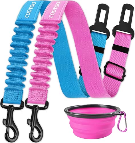 COOYOO Dog Seat Belt 3-Piece Set: Adjustable Retractable Car Harness with Elastic Bungee Buffer for Dogs, Heavy-Duty Nylon & Metal, Fits Most Vehicles (Pink+Blue)