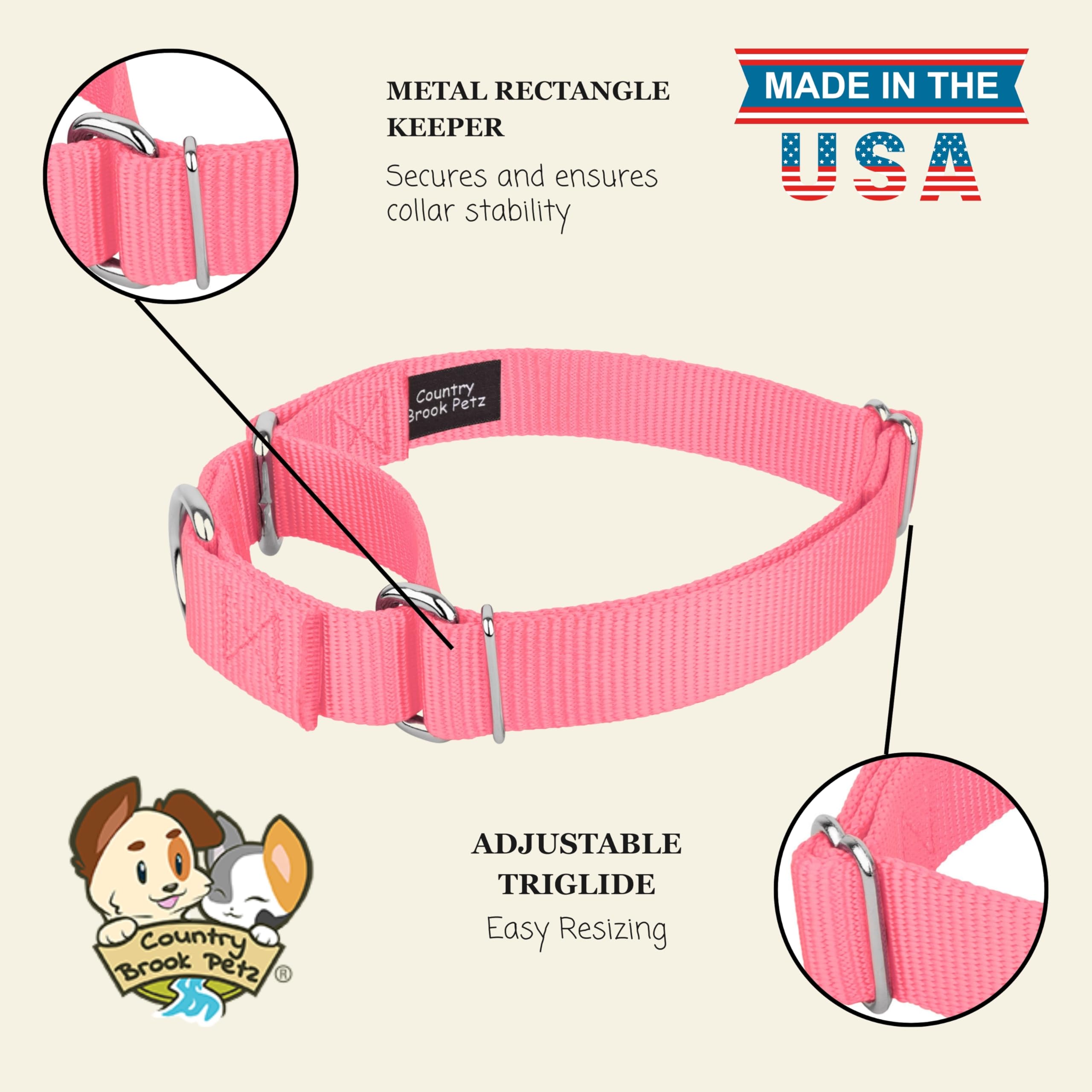 Country Brook Petz Martingale Dog Collar - Heavy-Duty Training Collar with No Buckle - Pink, 1 Inch, Medium