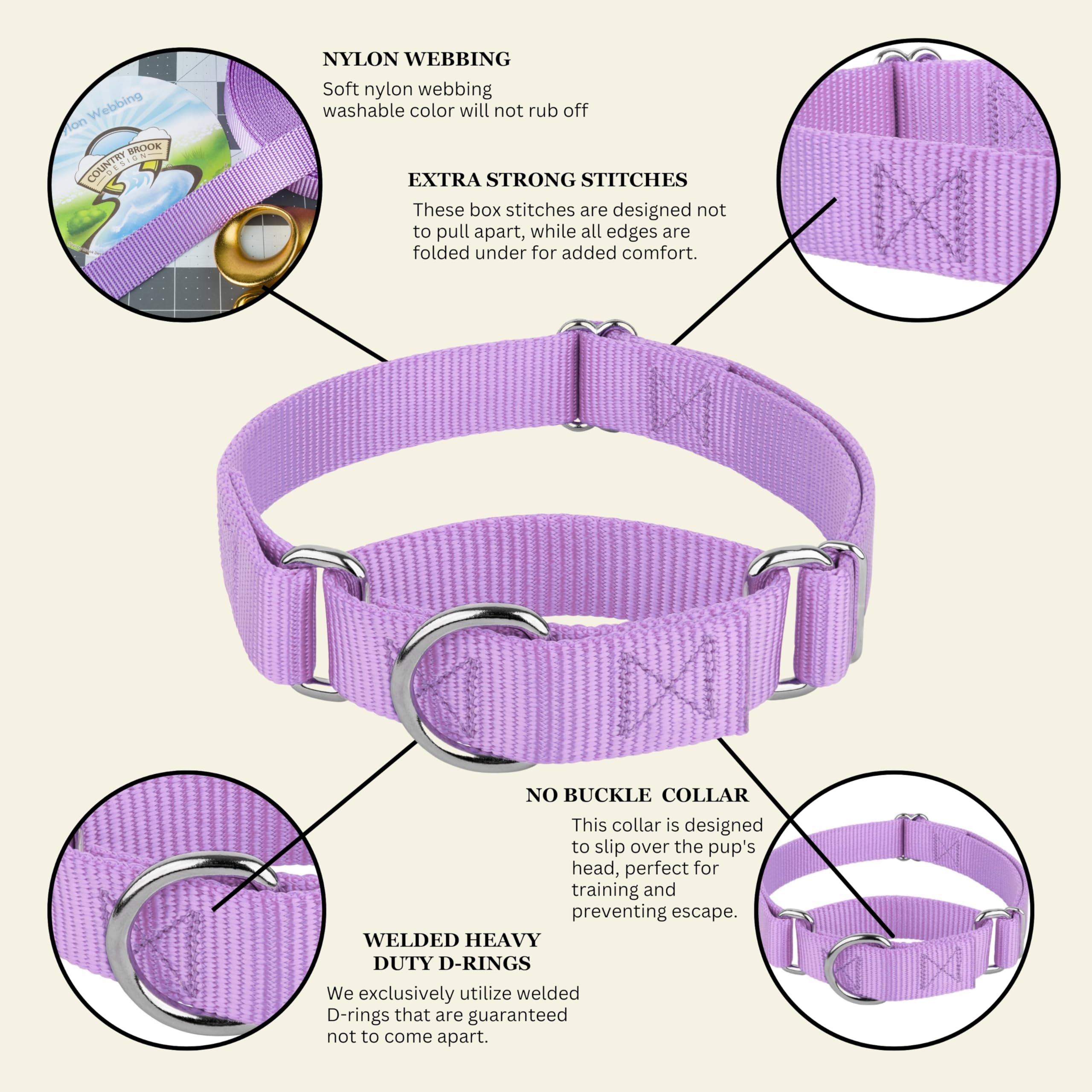 Country Brook Petz Martingale Dog Collar - Lavender Medium - No Buckle Training Collar