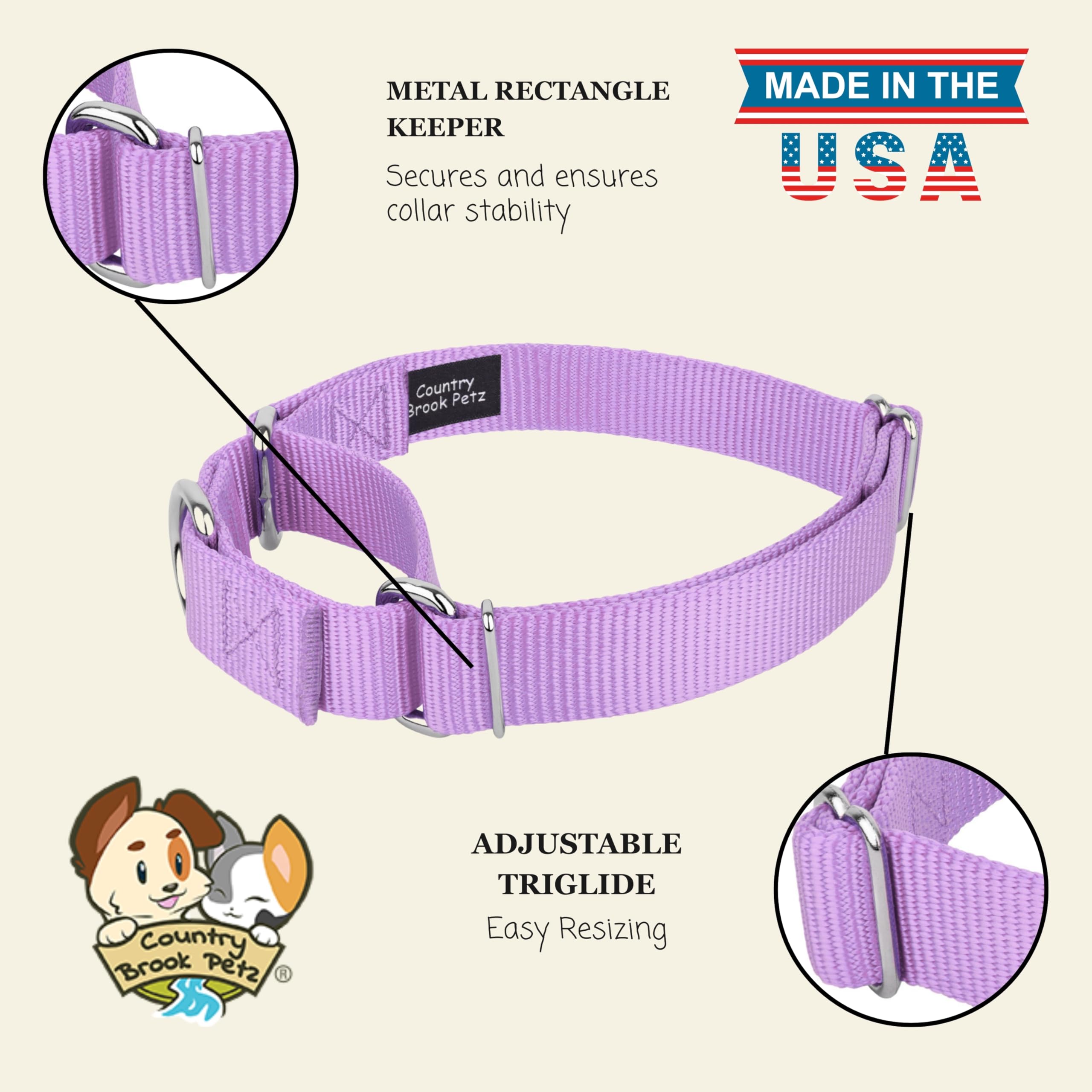 Country Brook Petz Martingale Dog Collar - Lavender Medium - No Buckle Training Collar