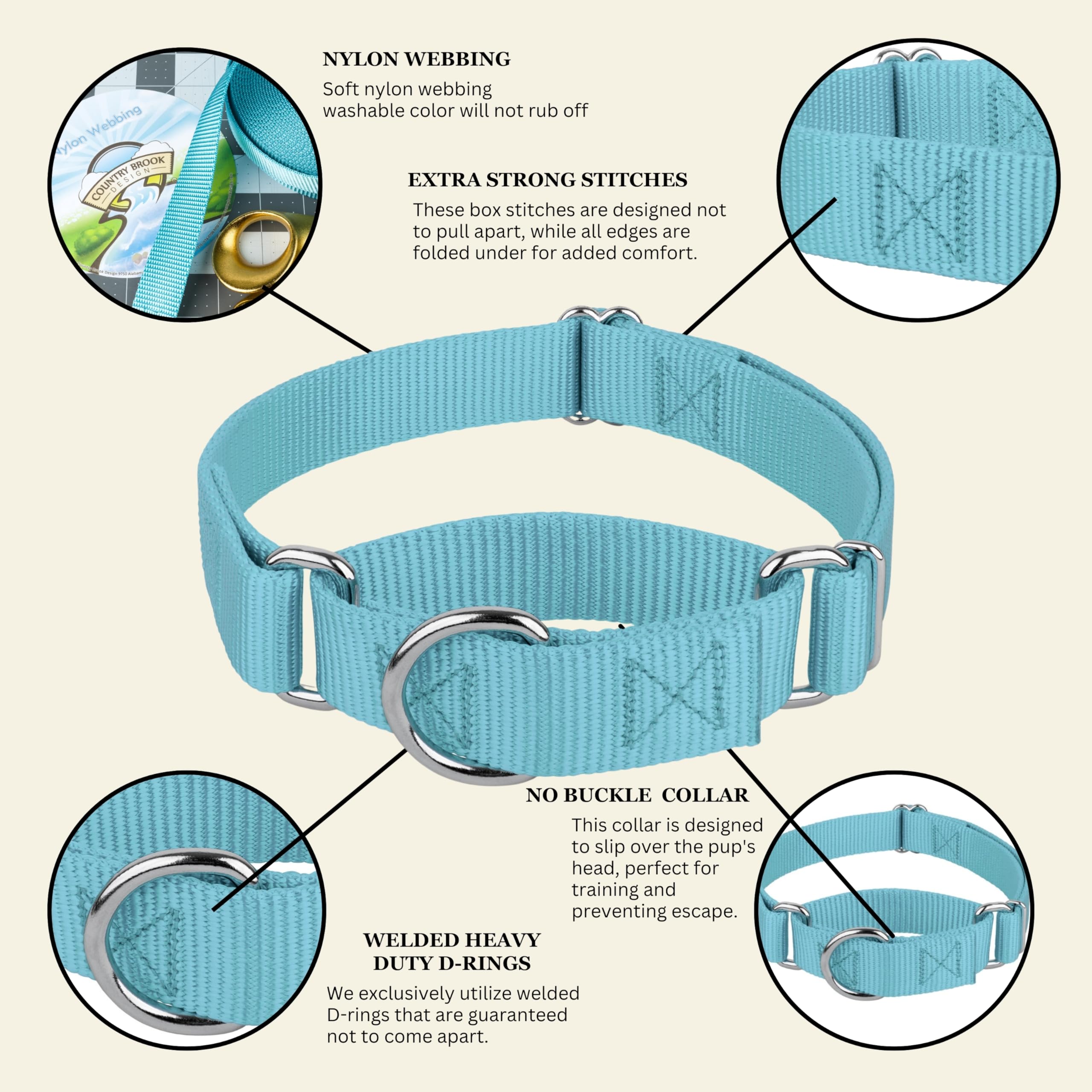 Country Brook Petz Martingale Dog Collar - No Buckle Training Collar for Small Dogs - Ocean Blue