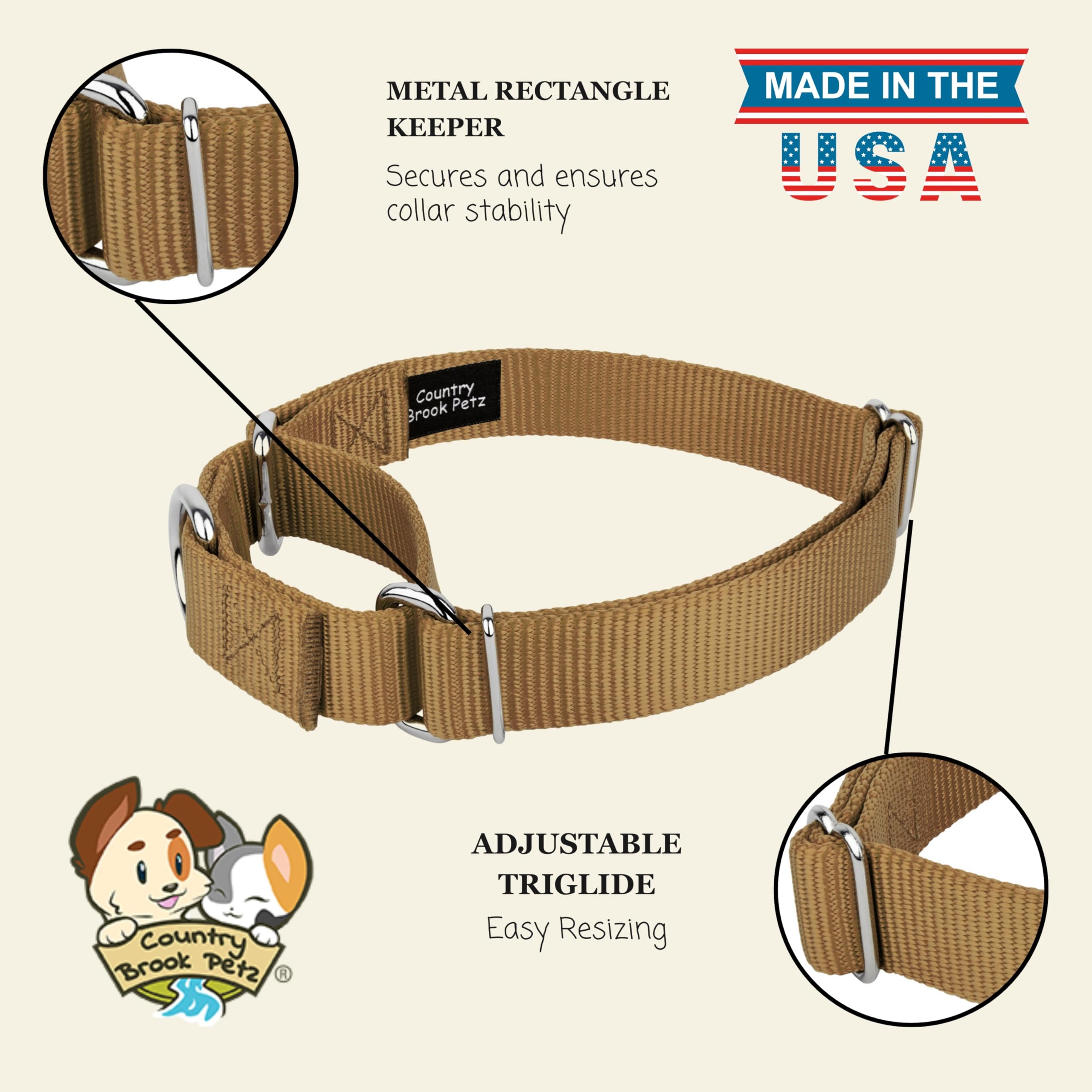 Country Brook Petz Martingale Dog Collar – Heavy-Duty No-Buckle Training Collar for Small Dogs, Coyote Tan (3/4" x 11-15")