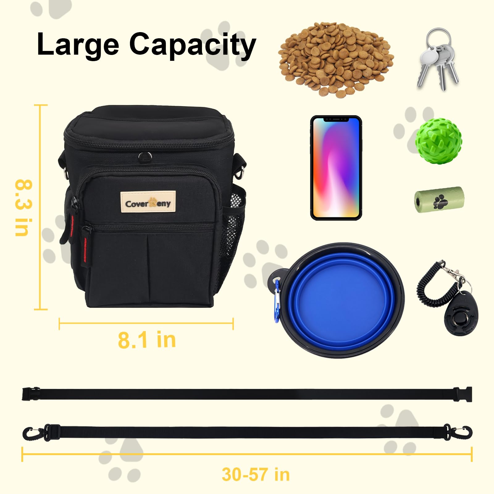 Cover Geny Dog Treat Pouch - Spill-Proof, 8-Cup Capacity, 3 Ways to Wear, with Collapsible Bowl & Clicker