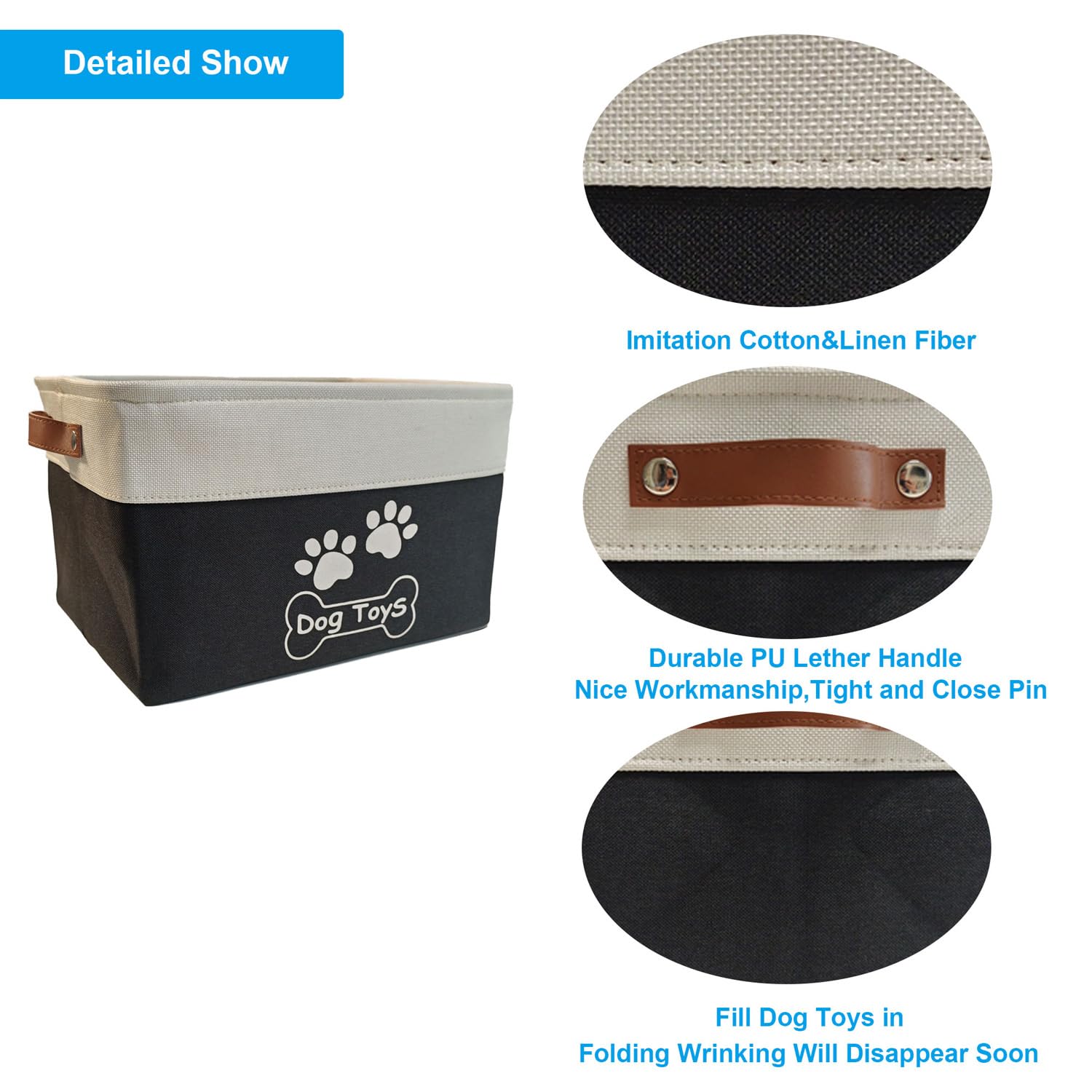 CPAKOWLGOO Collapsible Dog Toy Basket with Handles - Black, 15x11x9 Inches