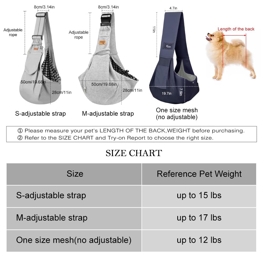 CUBY Dog & Cat Sling Carrier – Grey, Medium (Adjustable Strap) – Hands-Free Reversible Papoose for Small Pets