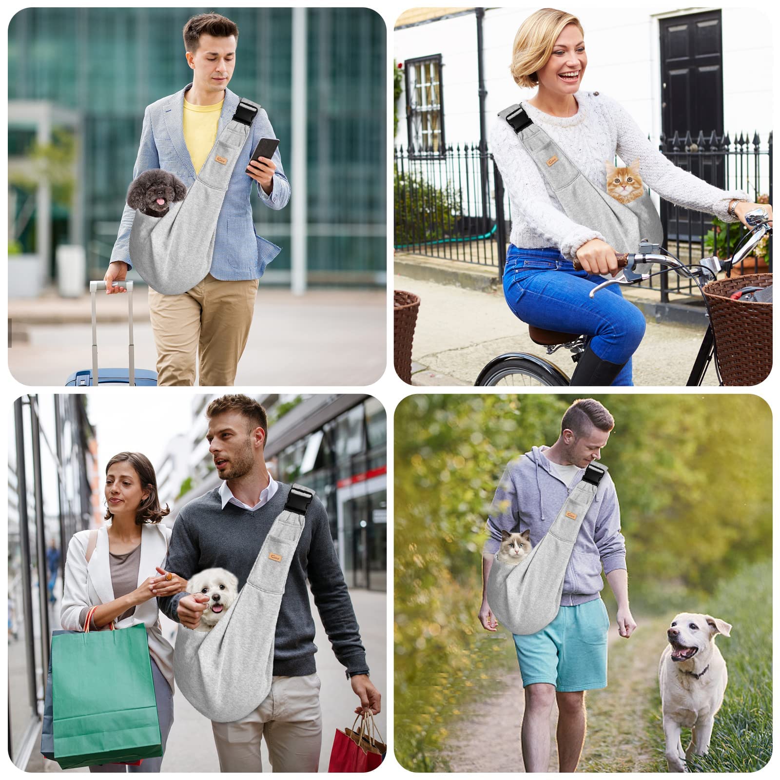 CUBY Dog & Cat Sling Carrier – Grey, Medium (Adjustable Strap) – Hands-Free Reversible Papoose for Small Pets