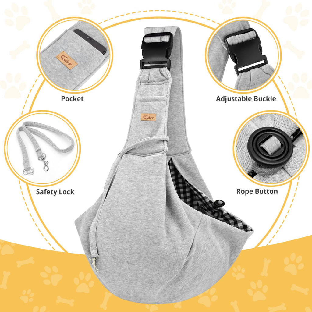 CUBY Dog & Cat Sling Carrier – Grey, Medium (Adjustable Strap) – Hands-Free Reversible Papoose for Small Pets