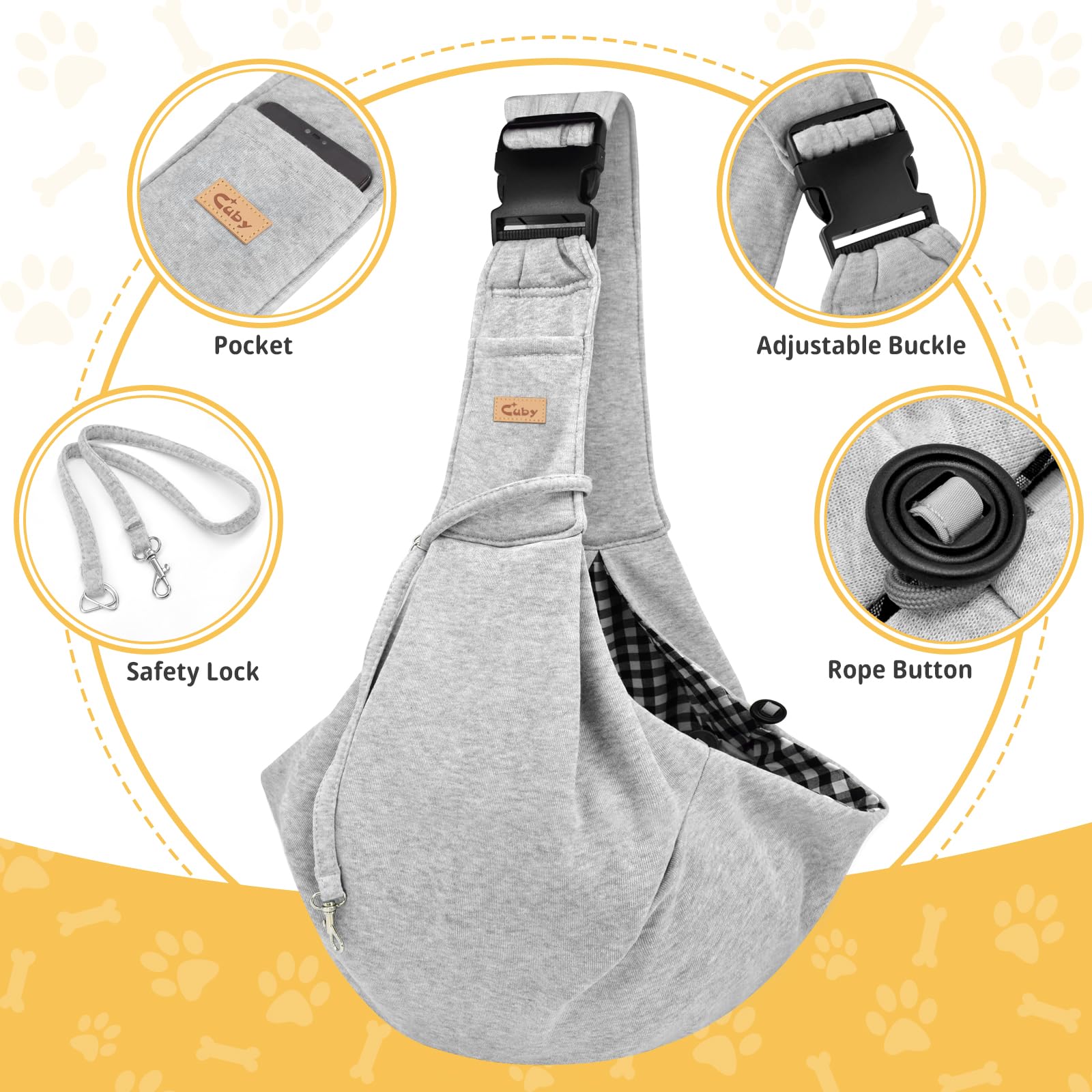 CUBY Dog & Cat Sling Carrier – Grey, Medium (Adjustable Strap) – Hands-Free Reversible Papoose for Small Pets