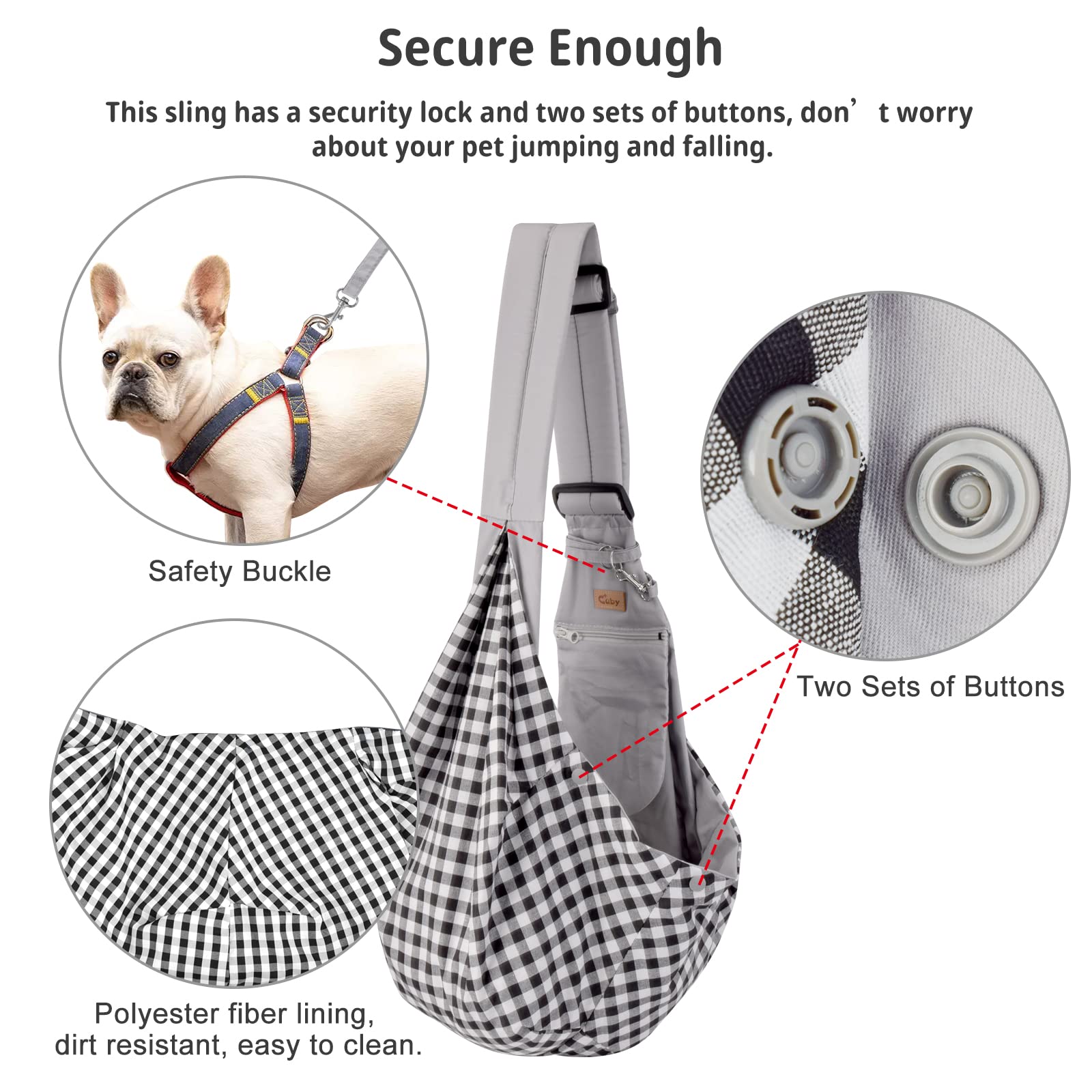 Cuby Hands-Free Pet Sling Carrier for Small Dogs and Cats – Grey Classic, Adjustable Strap