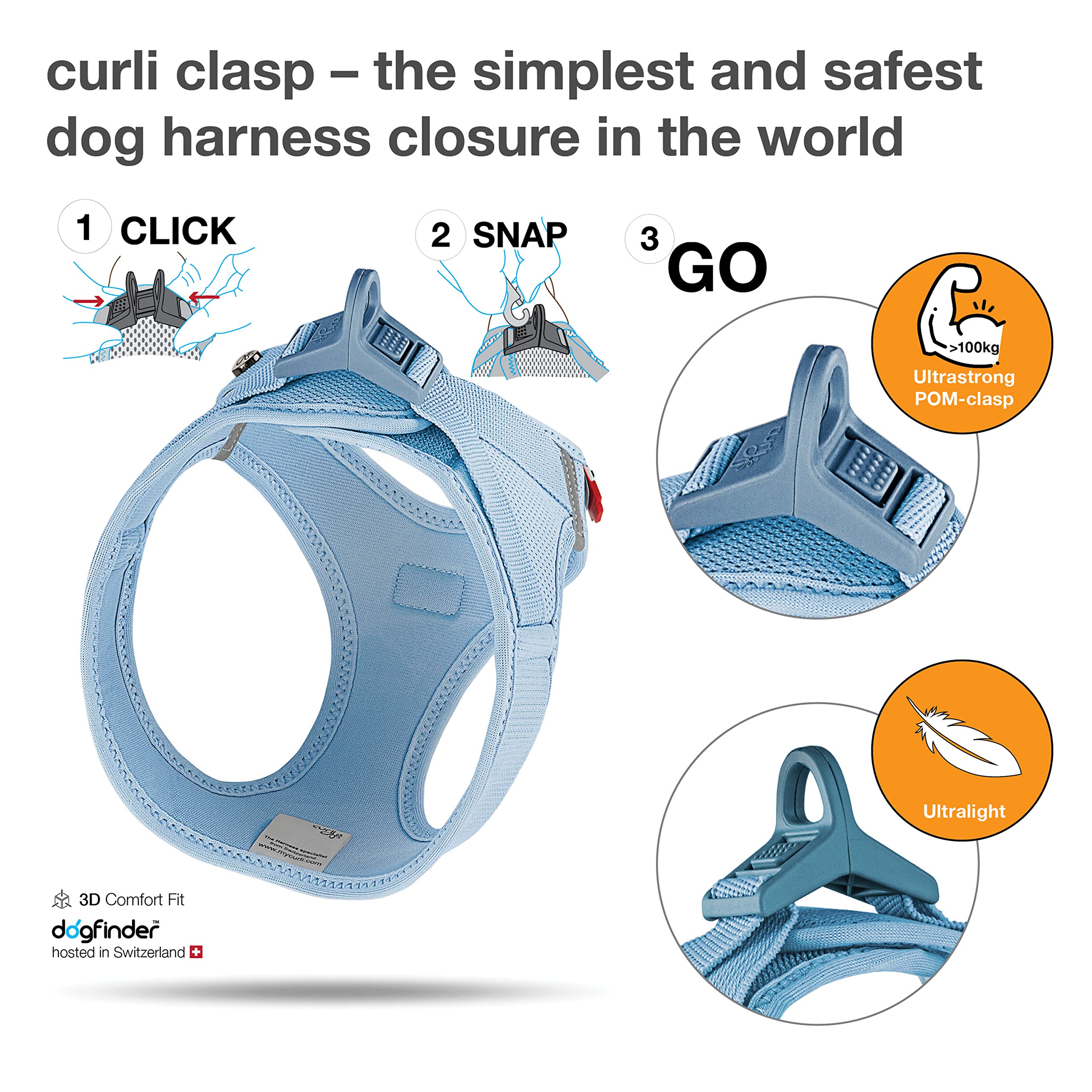 Curli Air-Mesh Vest Harness with Clasp for Small Dogs – Skyblue, Size 2XS (70+ kg tensile strength)