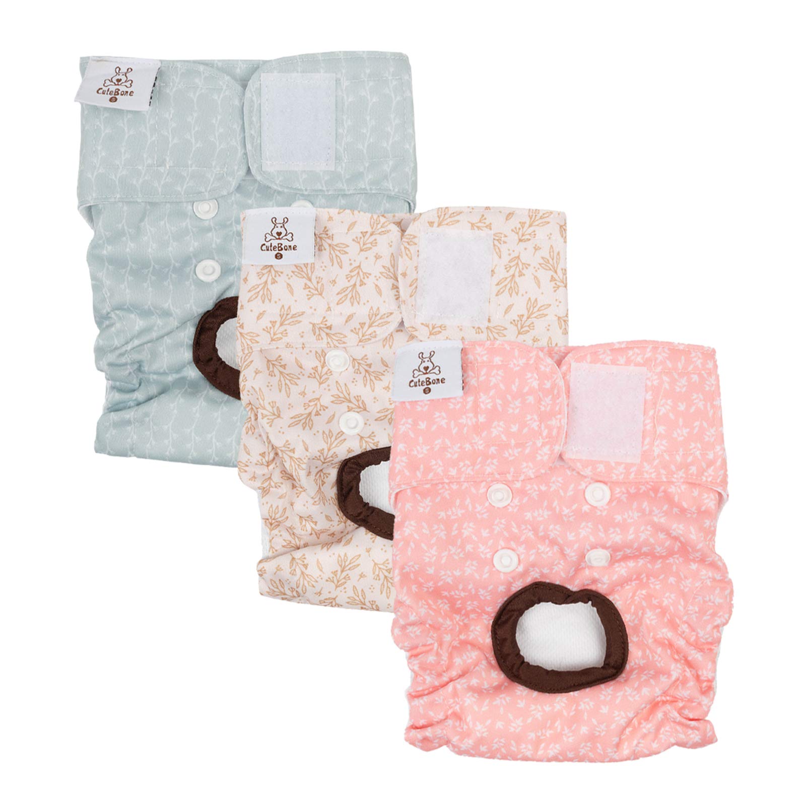 CuteBone Female Dog Diapers 3 Pack - Reusable, Washable, Adjustable Fit for Heat & Incontinence - Leaf XS