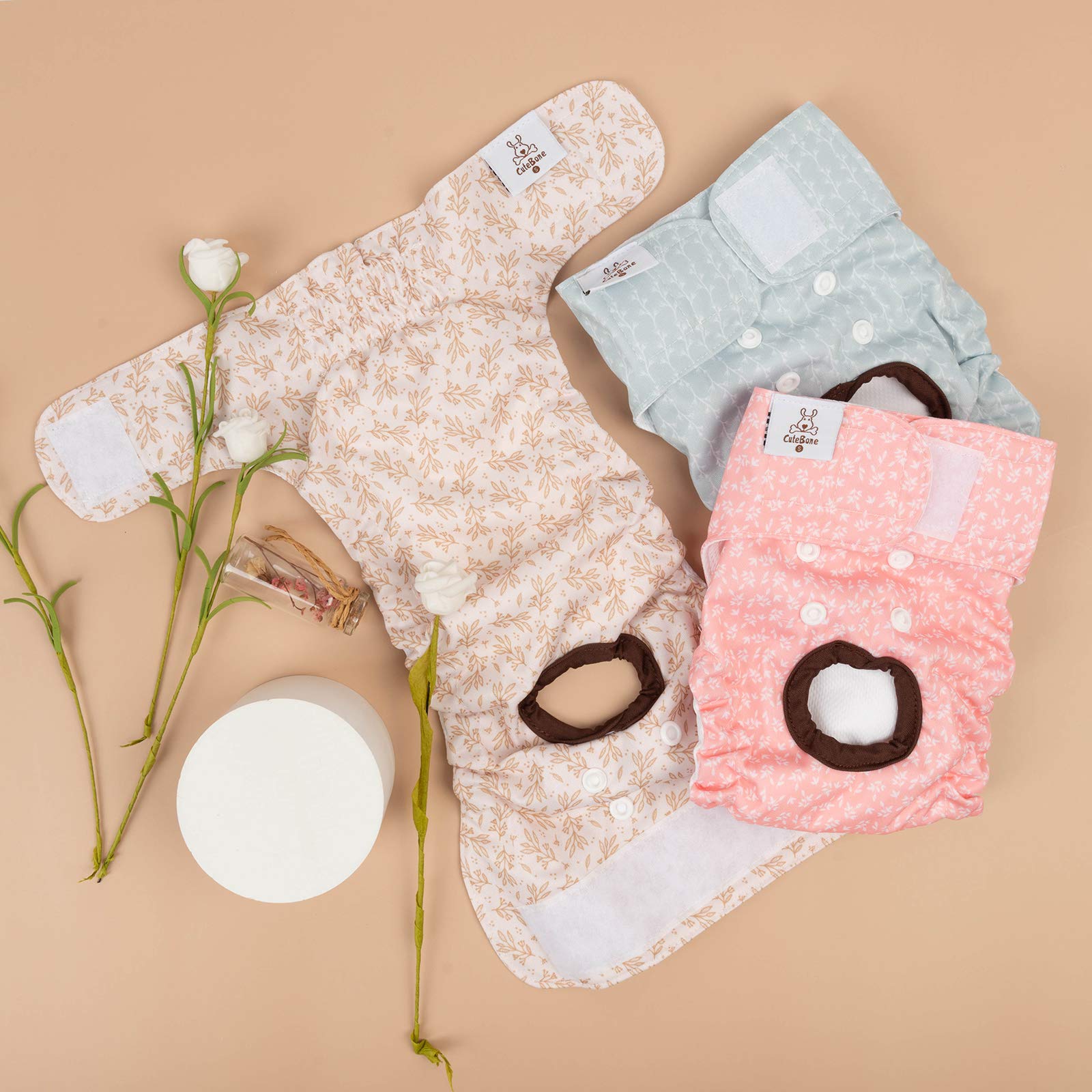 CuteBone Female Dog Diapers 3 Pack - Reusable, Washable, Adjustable Fit for Heat & Incontinence - Leaf XS