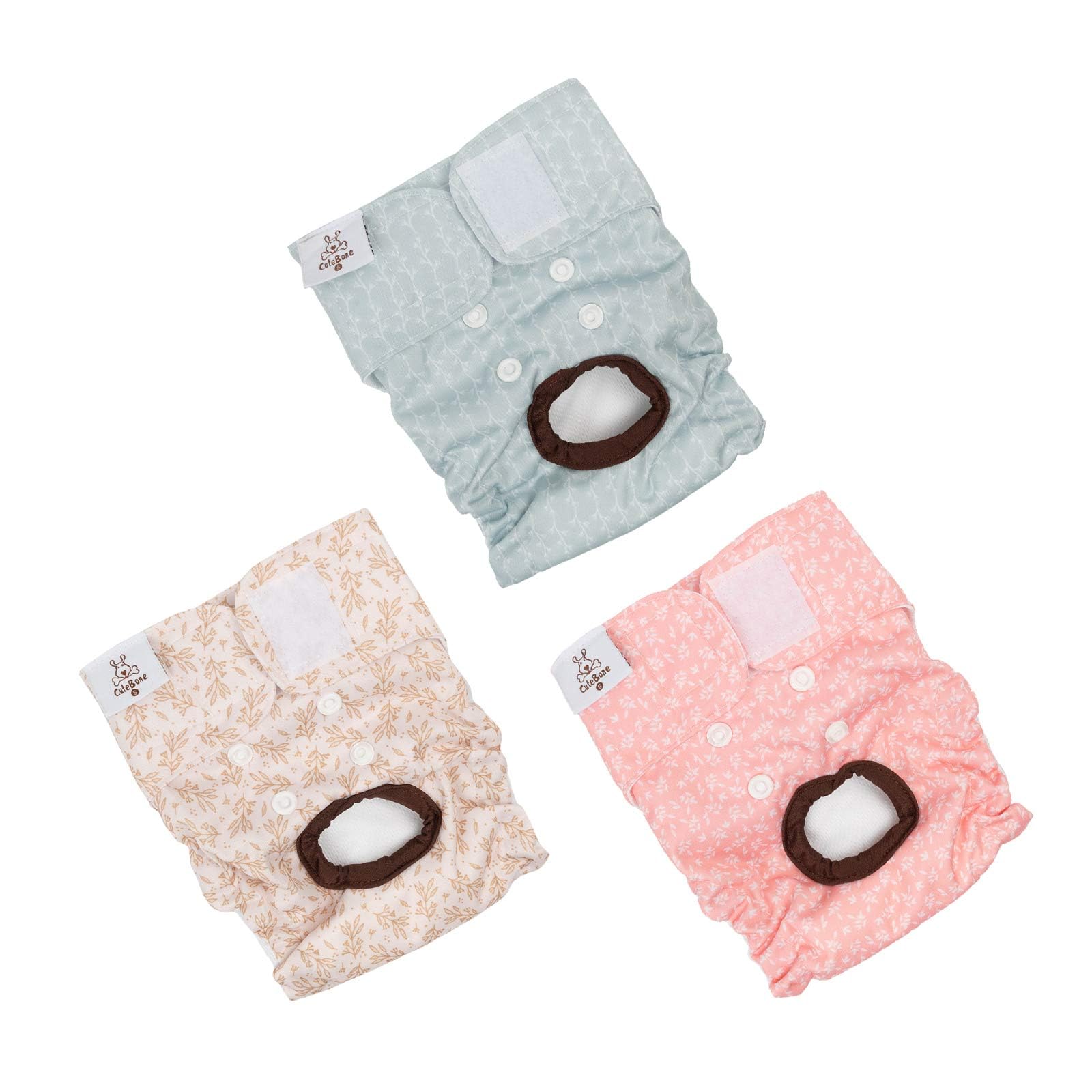 CuteBone Female Dog Diapers 3 Pack - Reusable, Washable, Adjustable Fit for Heat & Incontinence - Leaf XS