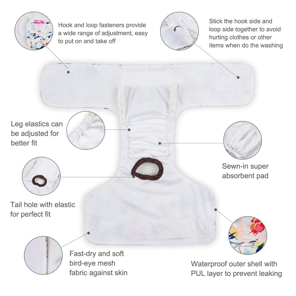CuteBone Female Dog Diapers – Reusable Washable 3-Pack (Medium, Floral) for Heat, Potty Training & Incontinence
