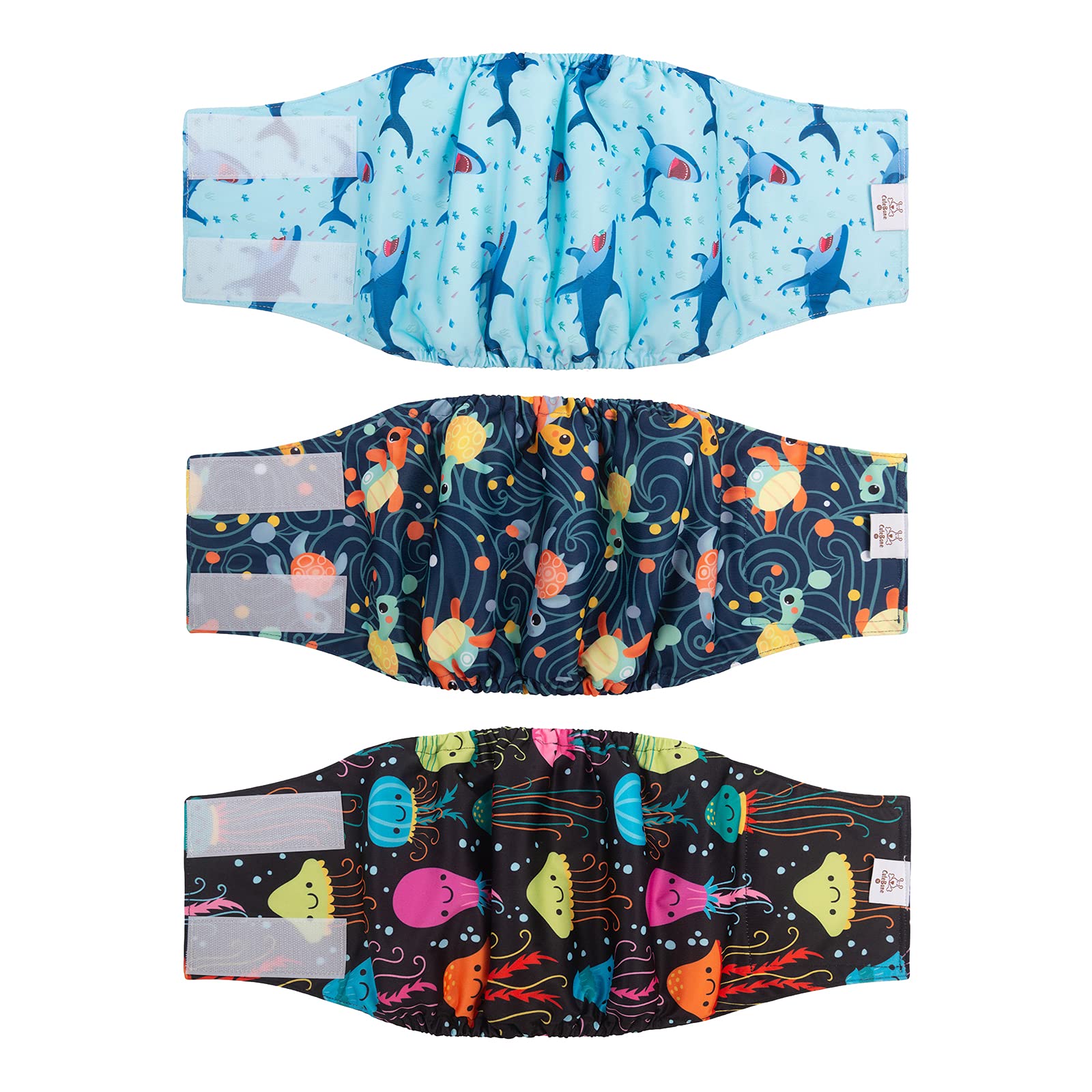 CuteBone Male Dog Diapers Washable Belly Band 3-Pack (M, Turtle/Shark/Jellyfish)