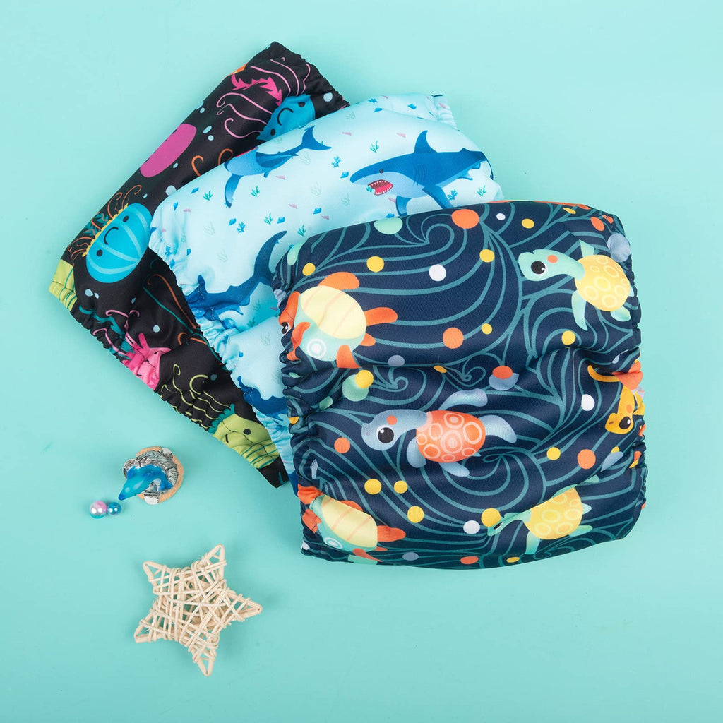 CuteBone Male Dog Diapers Washable Belly Band 3-Pack (M, Turtle/Shark/Jellyfish)