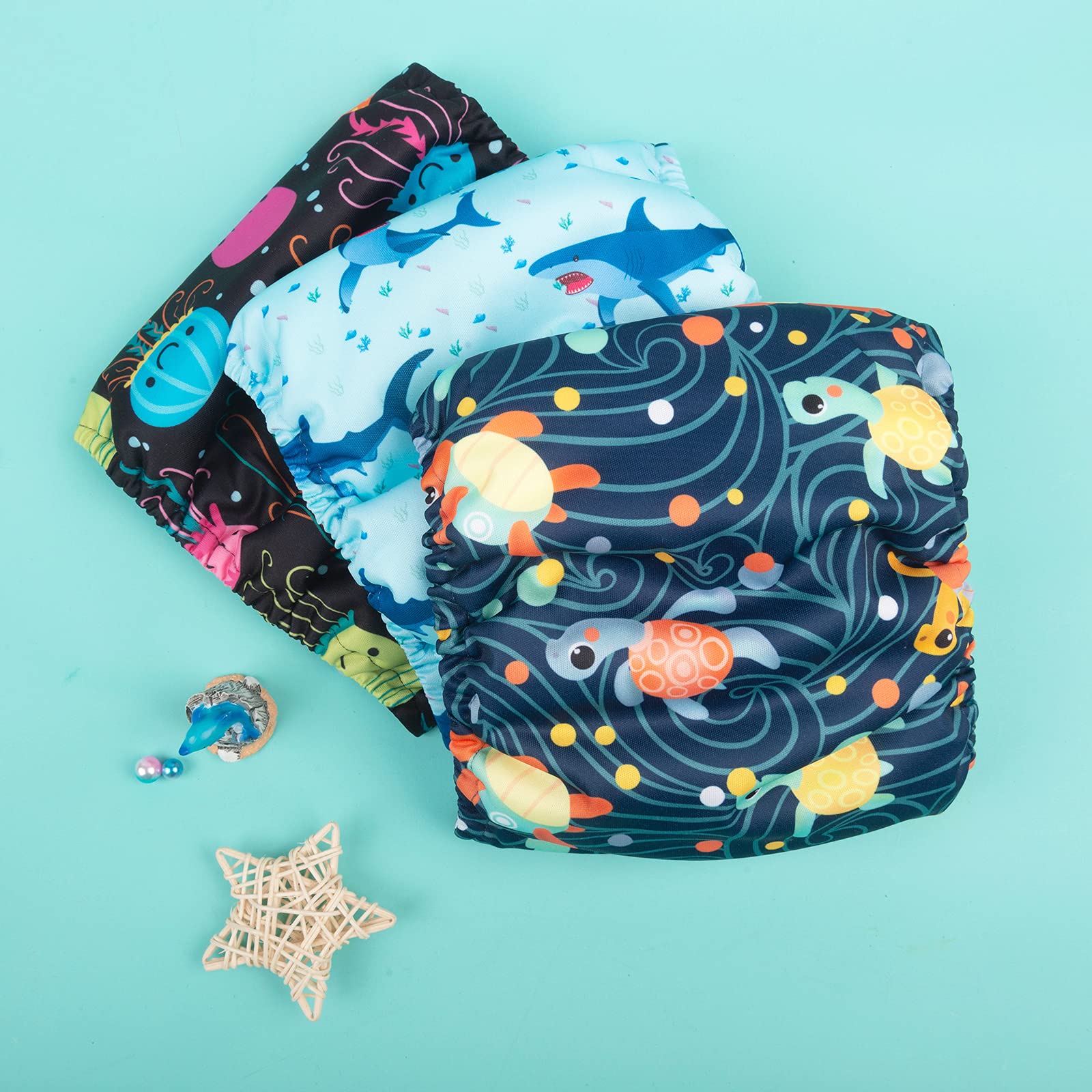 CuteBone Male Dog Diapers Washable Belly Band 3-Pack (M, Turtle/Shark/Jellyfish)