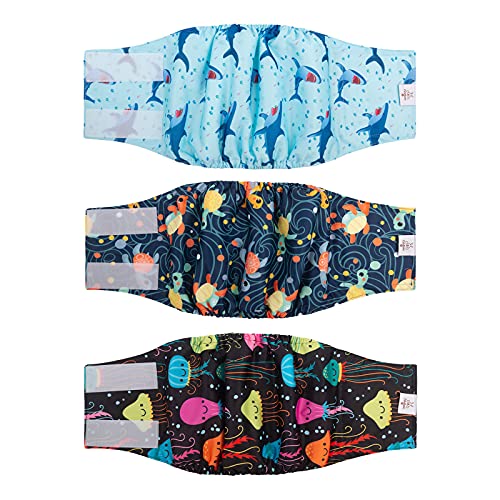 CuteBone Male Dog Diapers Washable Belly Band 3-Pack (M, Turtle/Shark/Jellyfish)