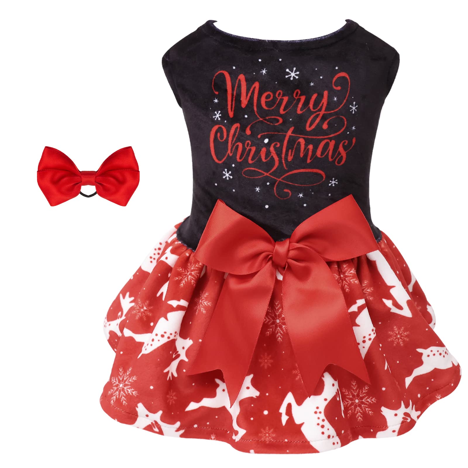 CuteBone Merry Christmas Velvet Dog Dress for Small Dogs – Red Reindeer Dress with Bow