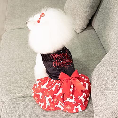 CuteBone Merry Christmas Velvet Dog Dress for Small Dogs – Red Reindeer Dress with Bow