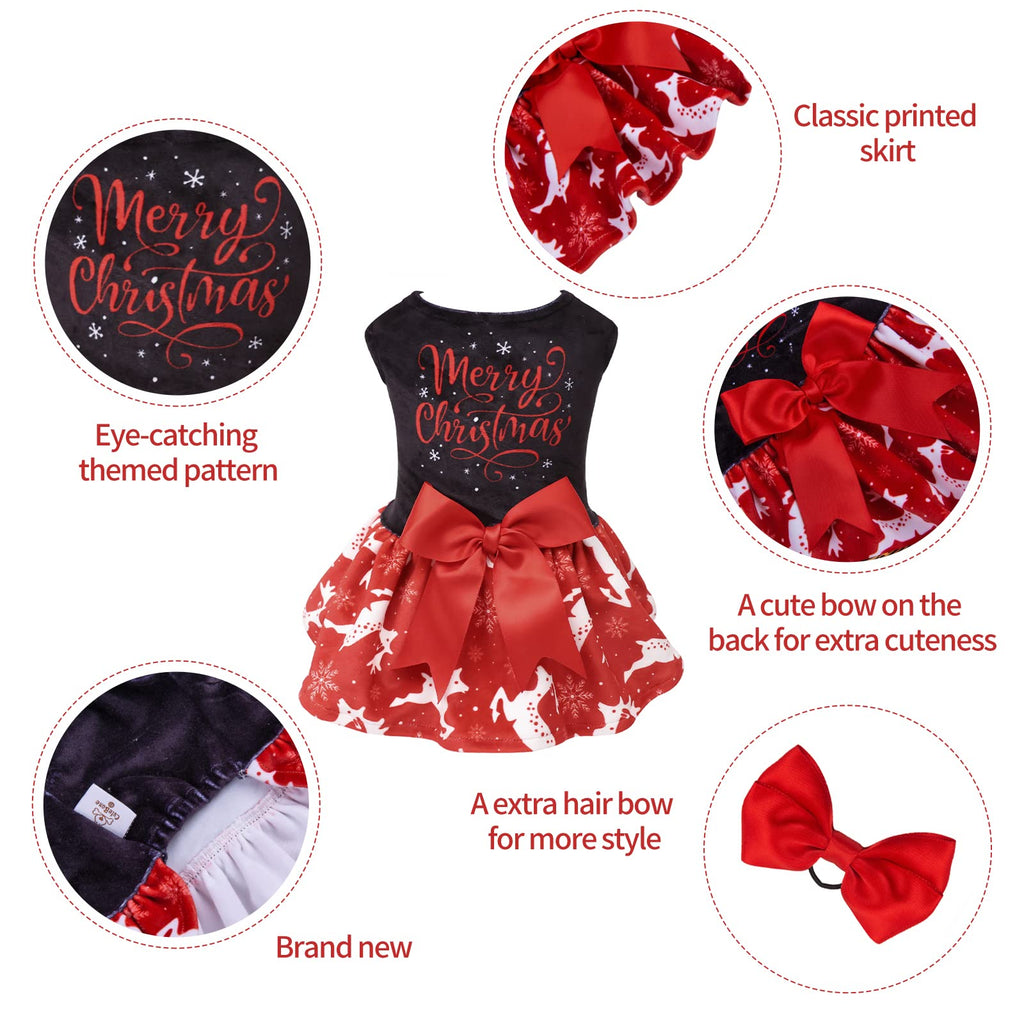 CuteBone Merry Christmas Velvet Dog Dress for Small Dogs – Red Reindeer Dress with Bow
