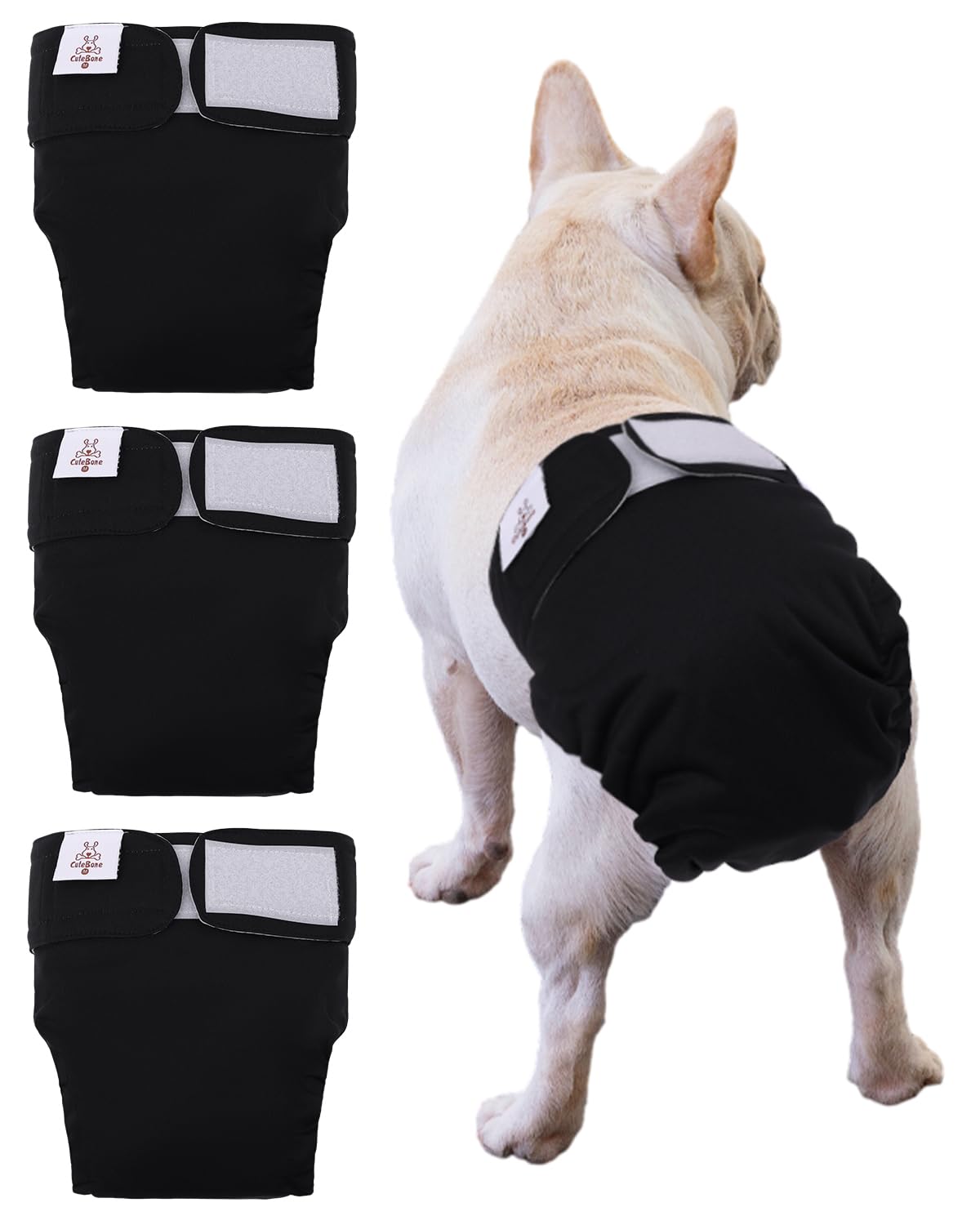CuteBone No Tail Hole Dog Diapers – 3 Pack Reusable for Docked-Tail Dogs (Size M)