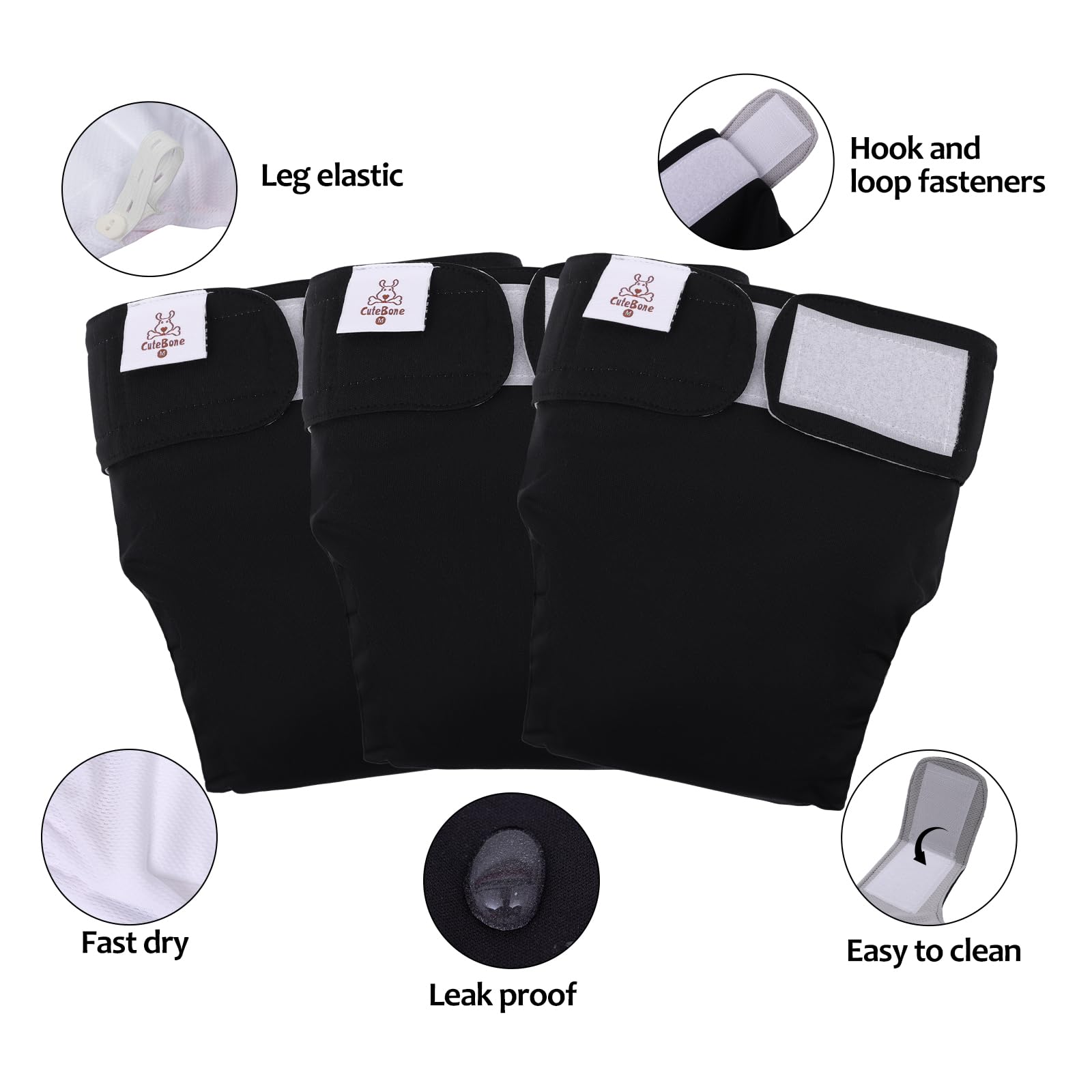 CuteBone No Tail Hole Dog Diapers – 3 Pack Reusable for Docked-Tail Dogs (Size M)