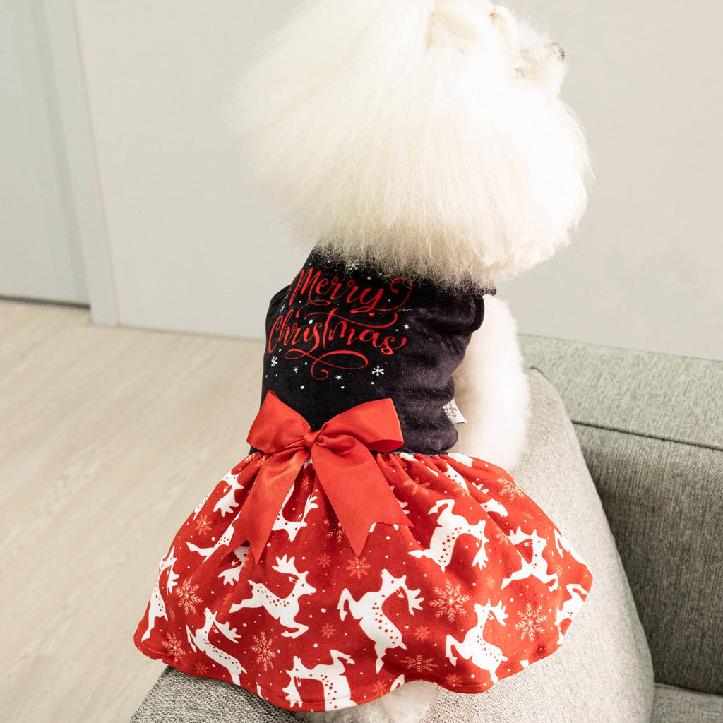 CuteBone Red Velvet Dog Dress for Small Dogs – Christmas Dresses for Girl Puppies with Bow