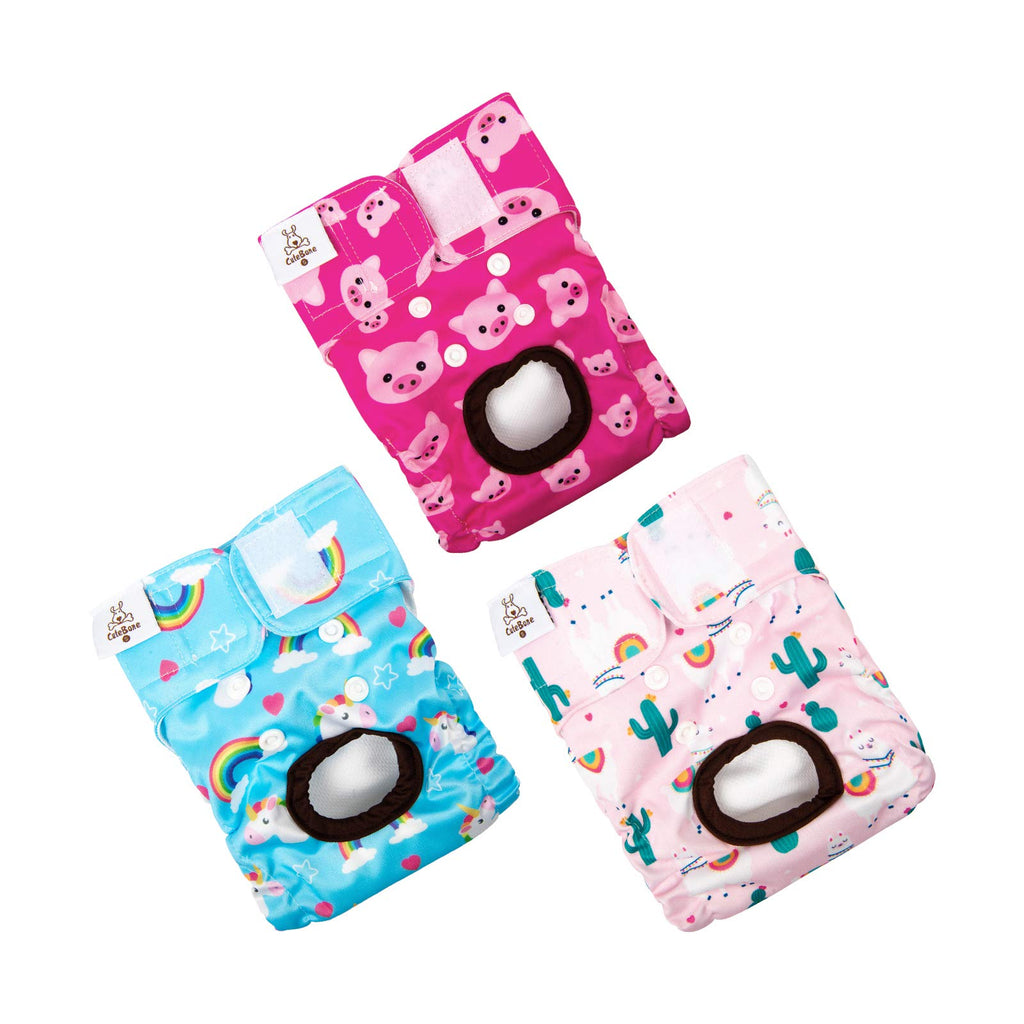 CuteBone Washable Female Dog Diapers 3-Pack - Reusable Period Pants for Heat Cycle, Incontinence, and Potty Training (Size M, Unicorn&Pig&Sheep Pattern)