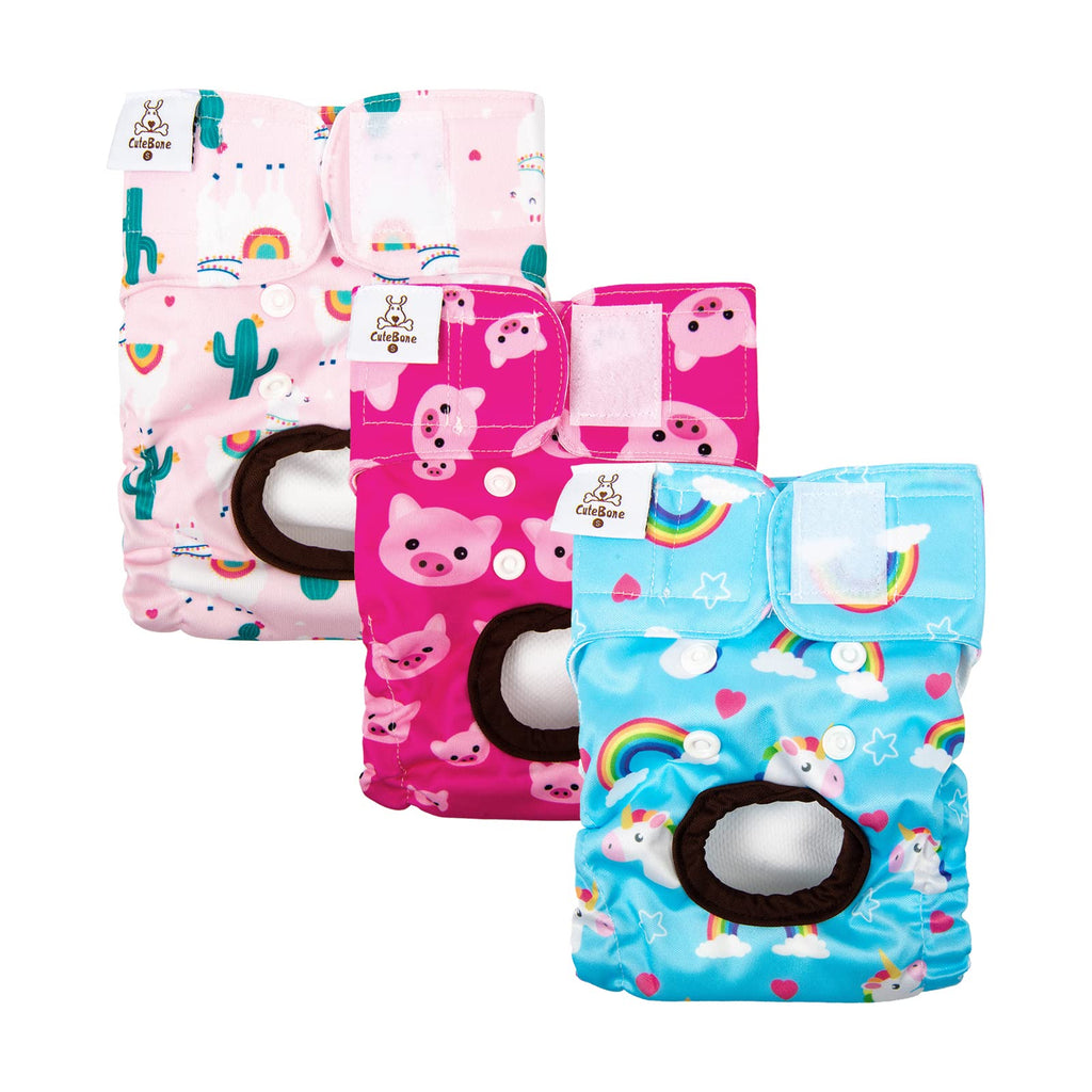 CuteBone Washable Female Dog Diapers 3-Pack - Reusable Period Pants for Heat Cycle, Incontinence, and Potty Training (Size M, Unicorn&Pig&Sheep Pattern)