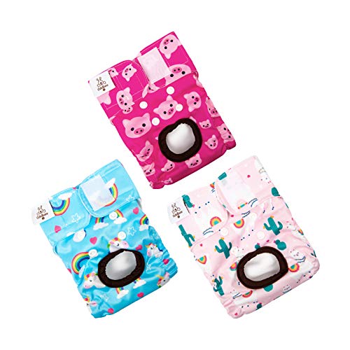 CuteBone Washable Female Dog Diapers 3-Pack - Reusable Period Pants for Heat Cycle, Incontinence, and Potty Training (Size M, Unicorn&Pig&Sheep Pattern)