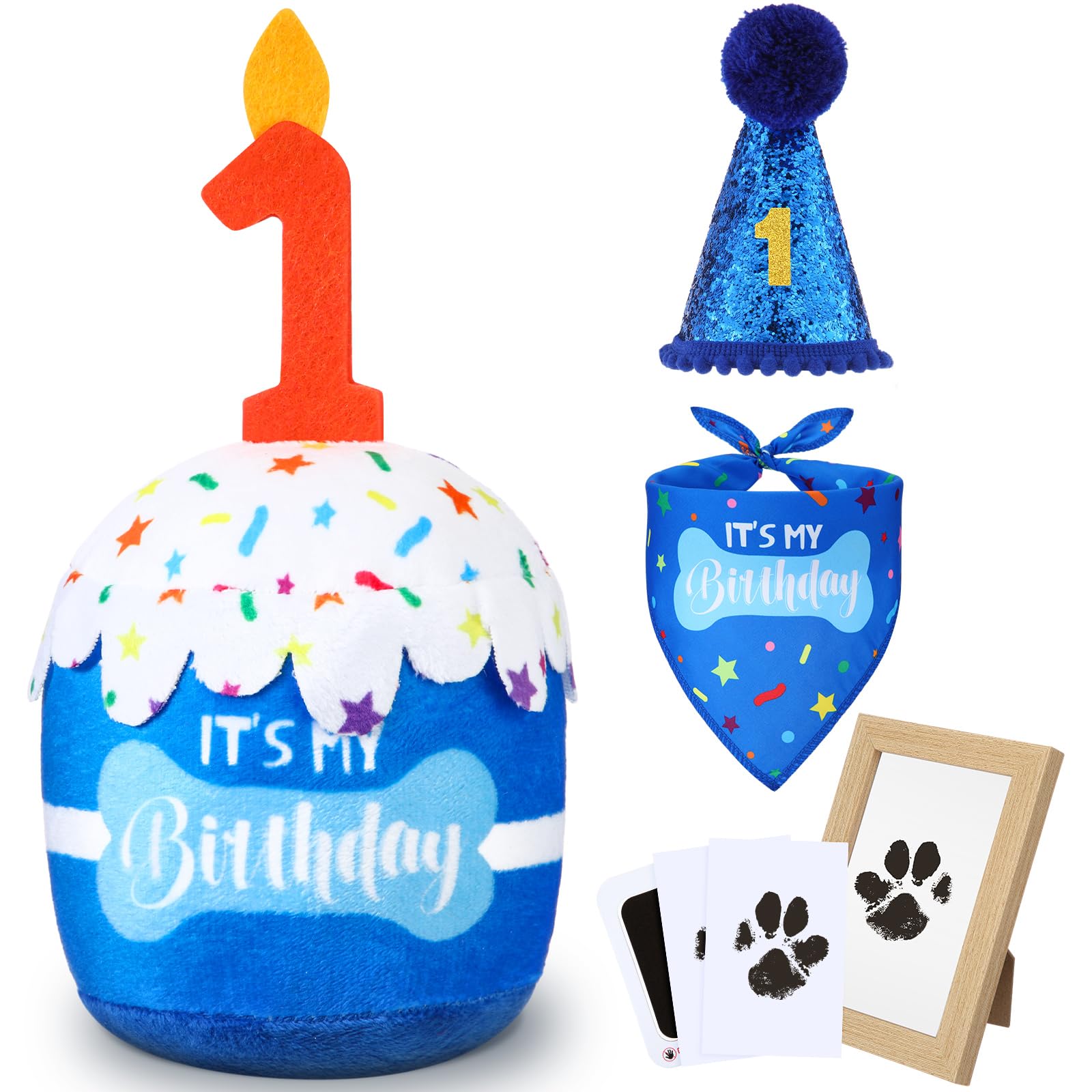 Cutecrop Dog 1st Birthday Gifts Set – Blue Hat, Bandana, Squeaky Cake Toy & No-Mess Paw Print Kit for Small to Large Dogs