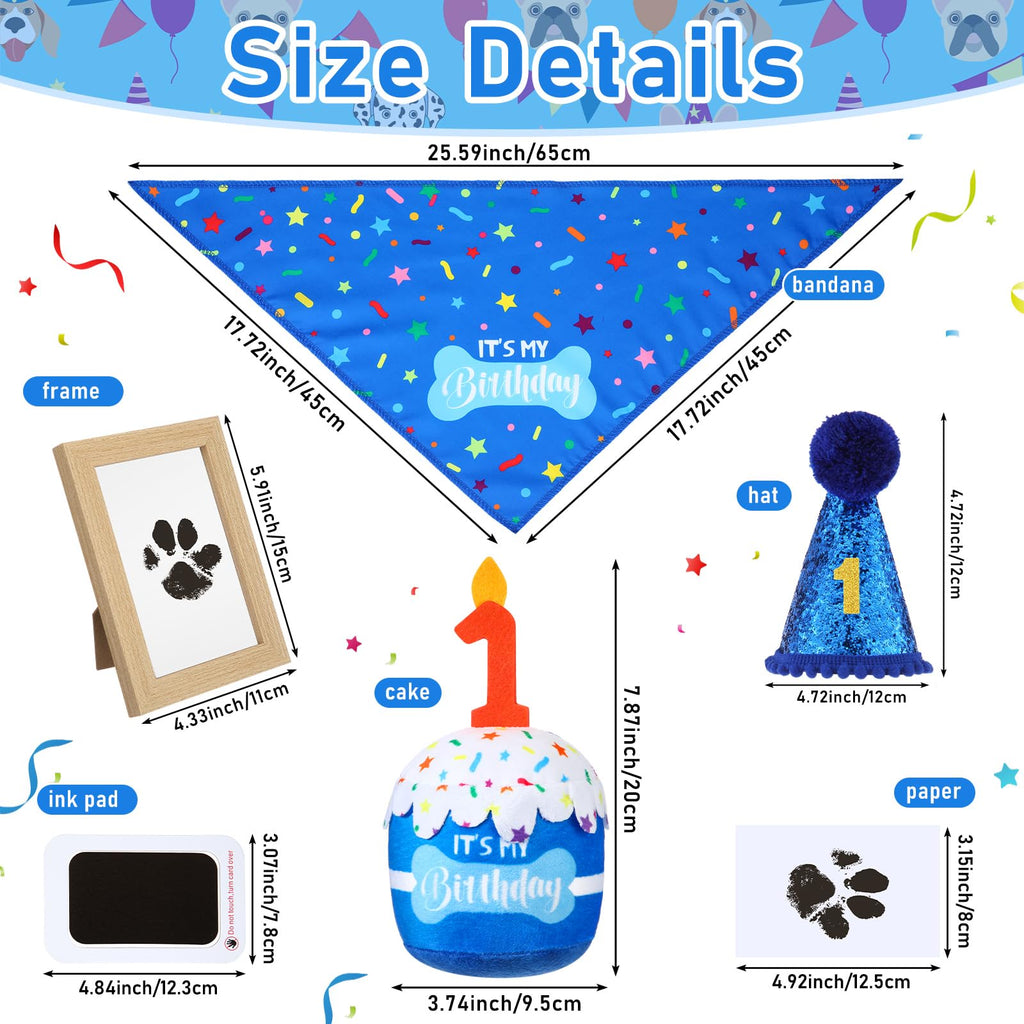 Cutecrop Dog 1st Birthday Gifts Set – Blue Hat, Bandana, Squeaky Cake Toy & No-Mess Paw Print Kit for Small to Large Dogs