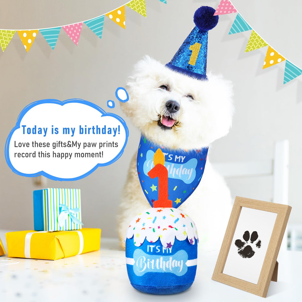 Cutecrop Dog 1st Birthday Gifts Set – Blue Hat, Bandana, Squeaky Cake Toy & No-Mess Paw Print Kit for Small to Large Dogs