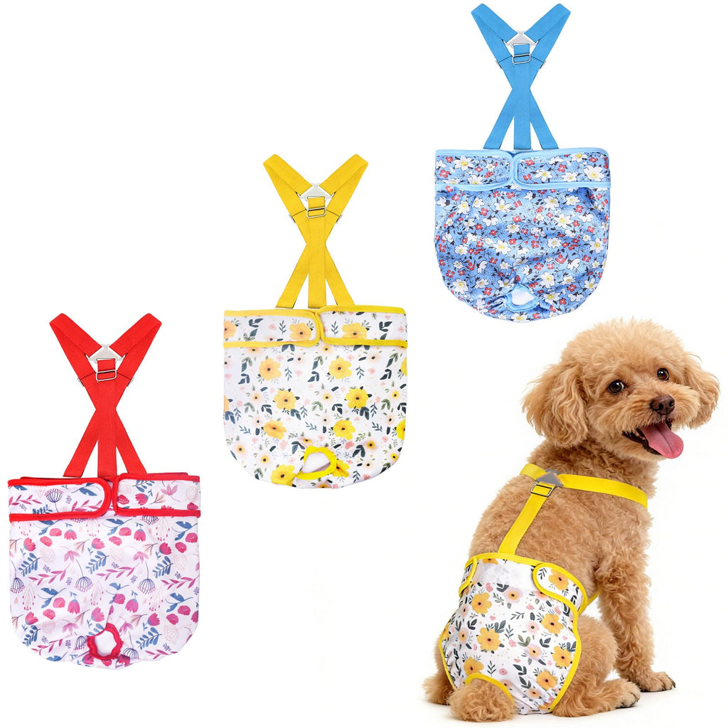CZMIYRPY Female Dog Diapers 3 Pack - Washable Reusable with Suspenders, Small, Floral