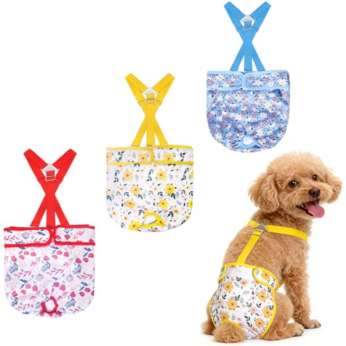 CZMIYRPY Female Dog Diapers 3 Pack - Washable Reusable with Suspenders, Small, Floral