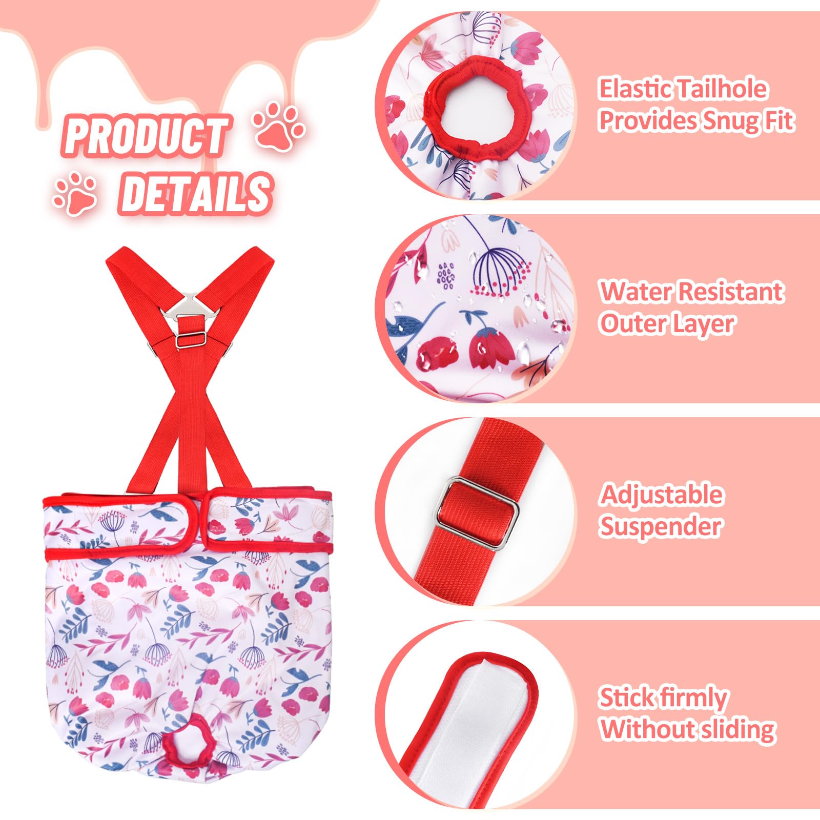 CZMIYRPY Female Dog Diapers 3 Pack - Washable Reusable with Suspenders, Small, Floral