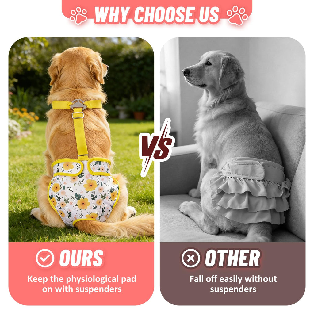 CZMIYRPY Female Dog Diapers 3 Pack - Washable Reusable with Suspenders, Small, Floral