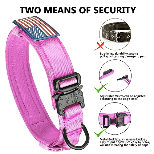 DAGANXI Tactical Dog Collar – Adjustable Military Training Collar with Control Handle, Heavy Metal Buckle, and AirTag Case (XL, Pink)
