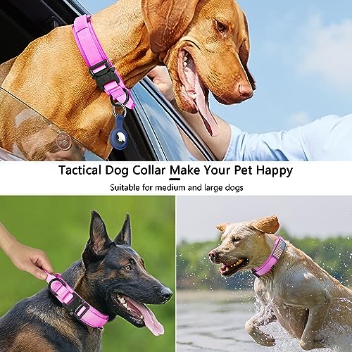 DAGANXI Tactical Dog Collar – Adjustable Military Training Collar with Control Handle, Heavy Metal Buckle, and AirTag Case (XL, Pink)