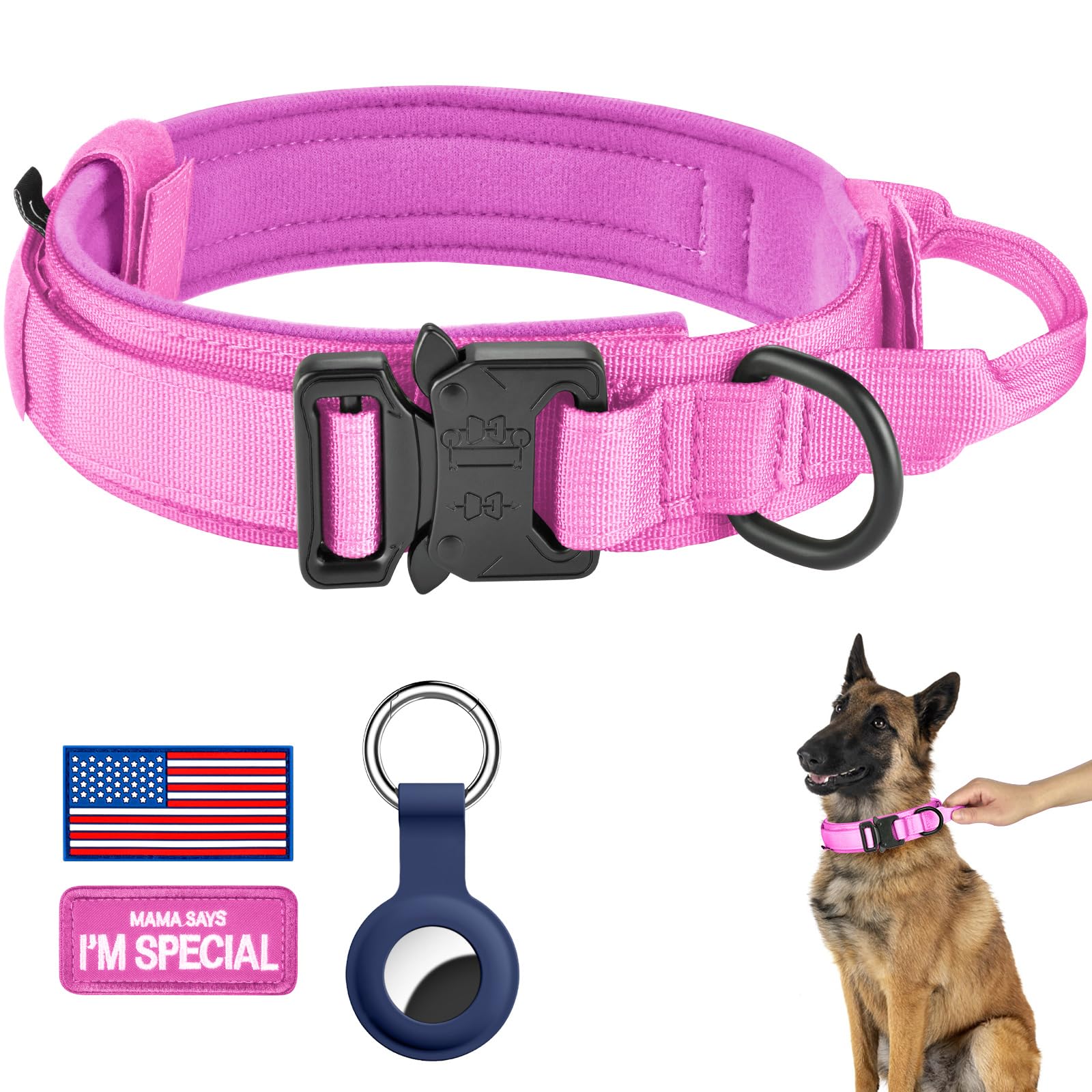 DAGANXI Tactical Dog Collar – Adjustable Military Training Collar with Control Handle, Heavy Metal Buckle, and AirTag Case (XL, Pink)