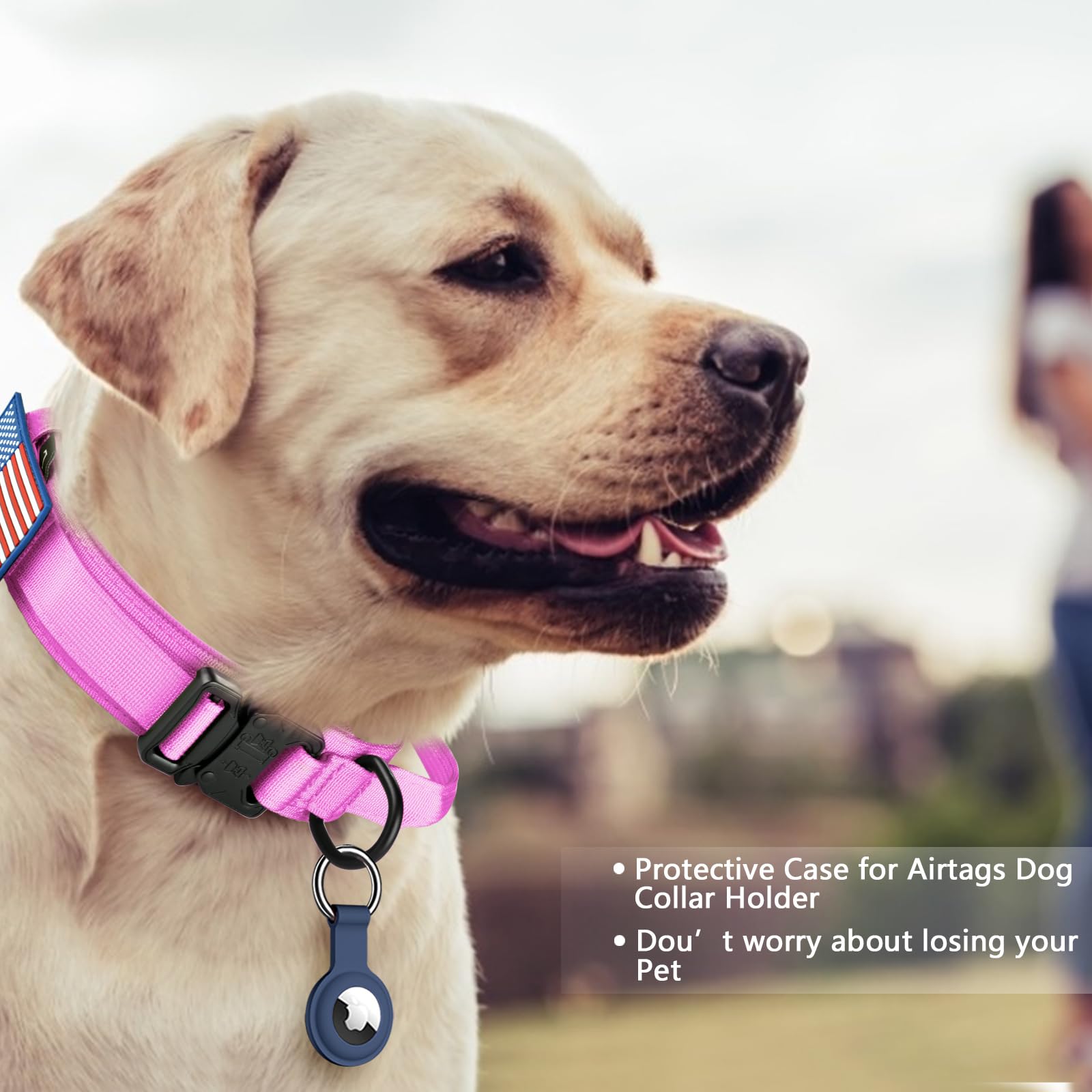 DAGANXI Tactical Dog Collar – Adjustable Military Training Collar with Control Handle, Heavy Metal Buckle, and AirTag Case (XL, Pink)