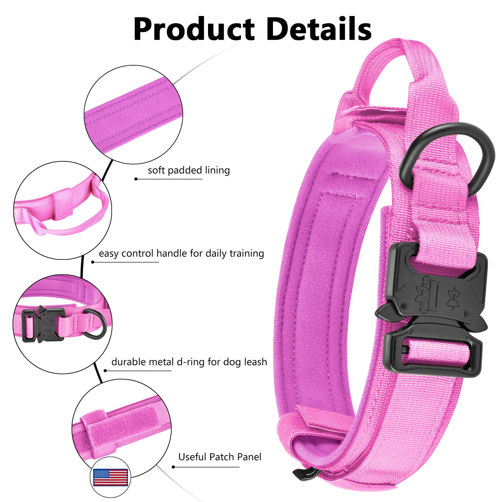 DAGANXI Tactical Dog Collar – Adjustable Military Training Collar with Control Handle, Heavy Metal Buckle, and AirTag Case (XL, Pink)