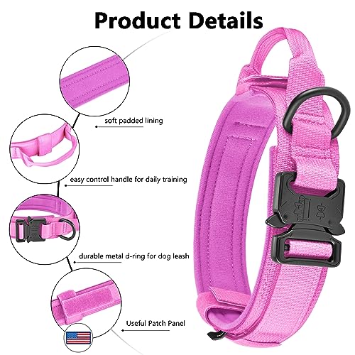 DAGANXI Tactical Dog Collar – Adjustable Military Training Collar with Control Handle, Heavy Metal Buckle, and AirTag Case (XL, Pink)