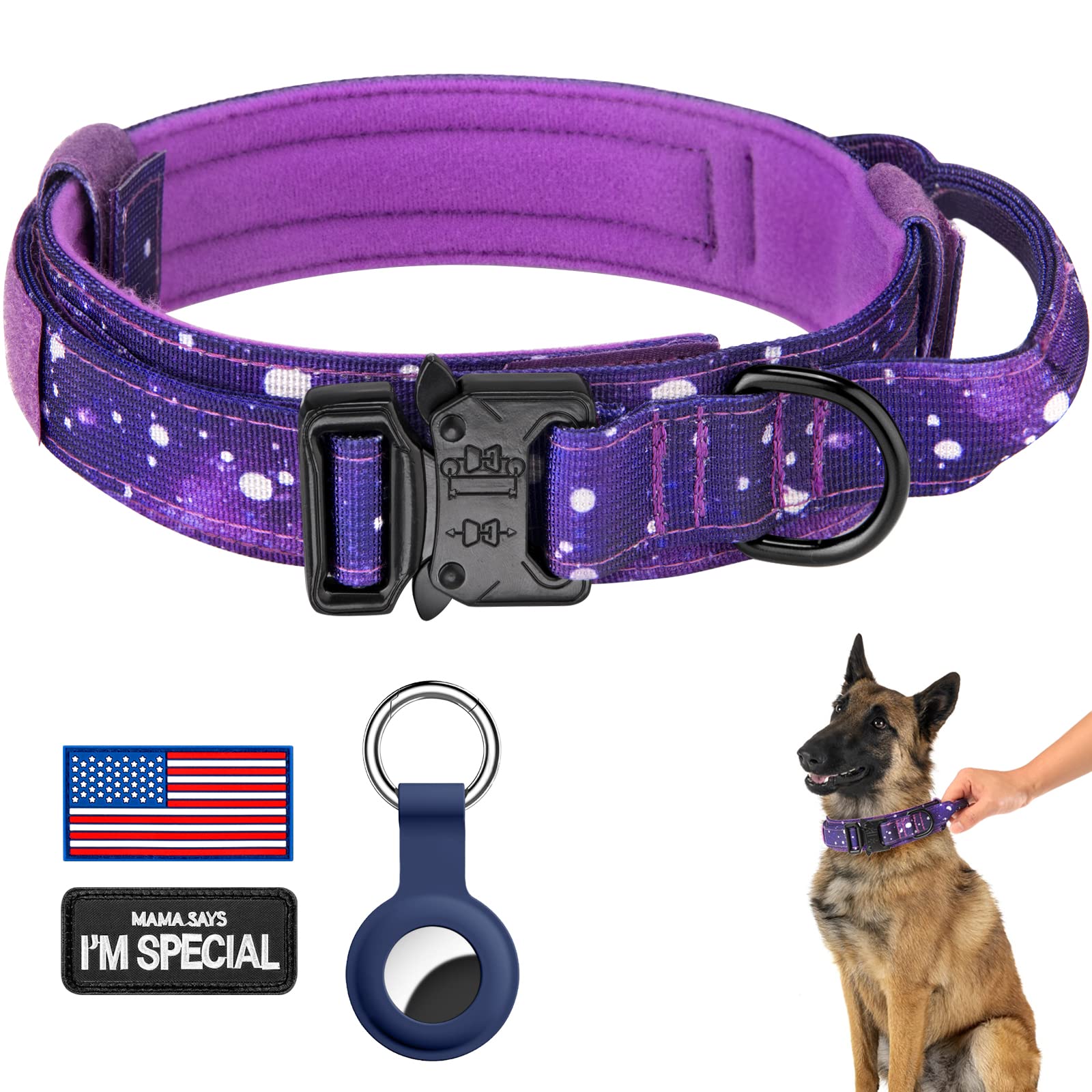 DAGANXI Tactical Dog Collar for Medium Large Dogs, Purple Sky with Control Handle and Airtag Case