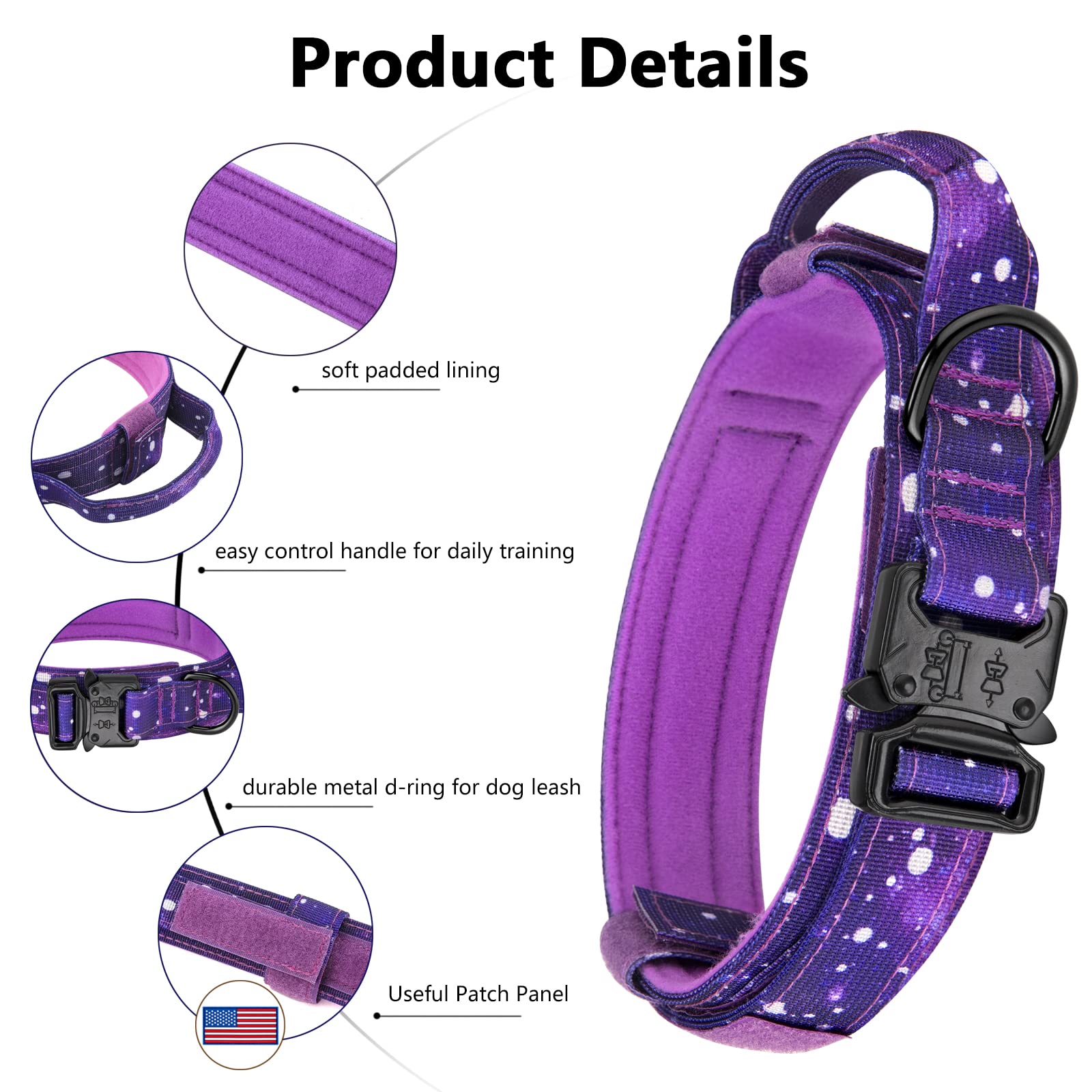 DAGANXI Tactical Dog Collar for Medium Large Dogs, Purple Sky with Control Handle and Airtag Case